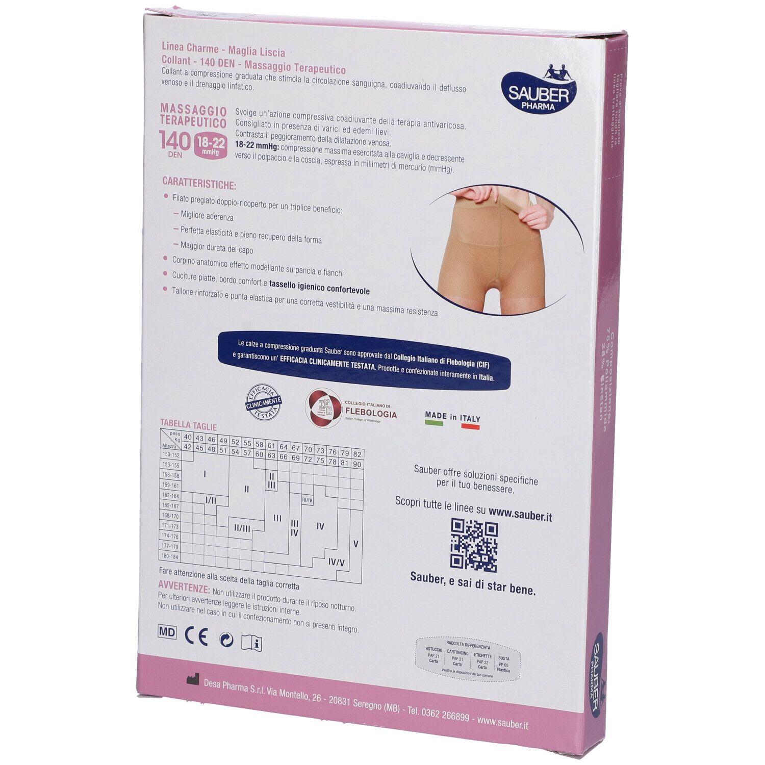 Retro della confezione collant Sauber Pharma, linea Charme, 140 den, 18-22 mmHg. Informazioni sul prodotto.