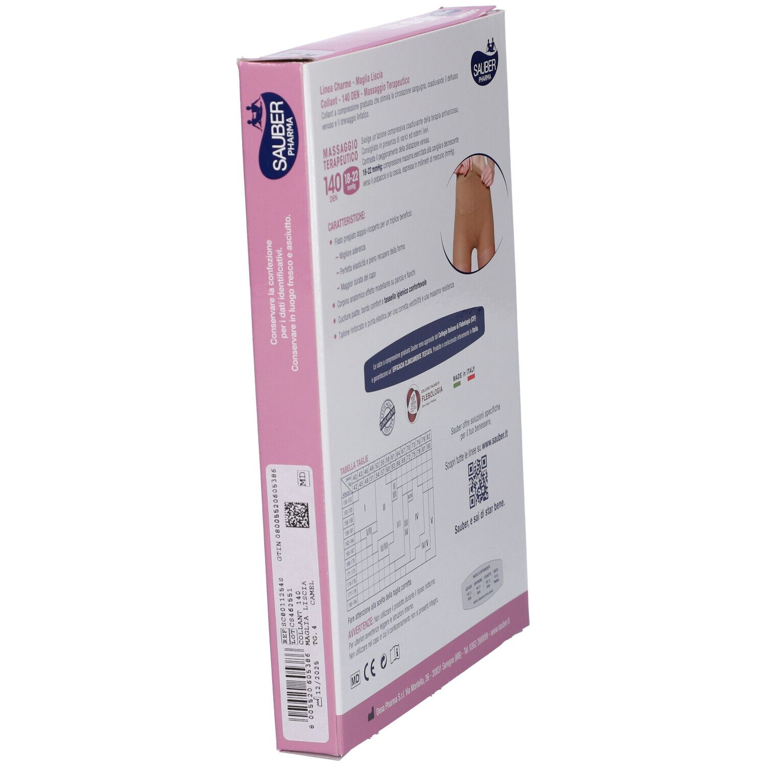 Lato della confezione collant Sauber Pharma, linea Charme, 140 den, 18-22 mmHg. Informazioni sul prodotto.