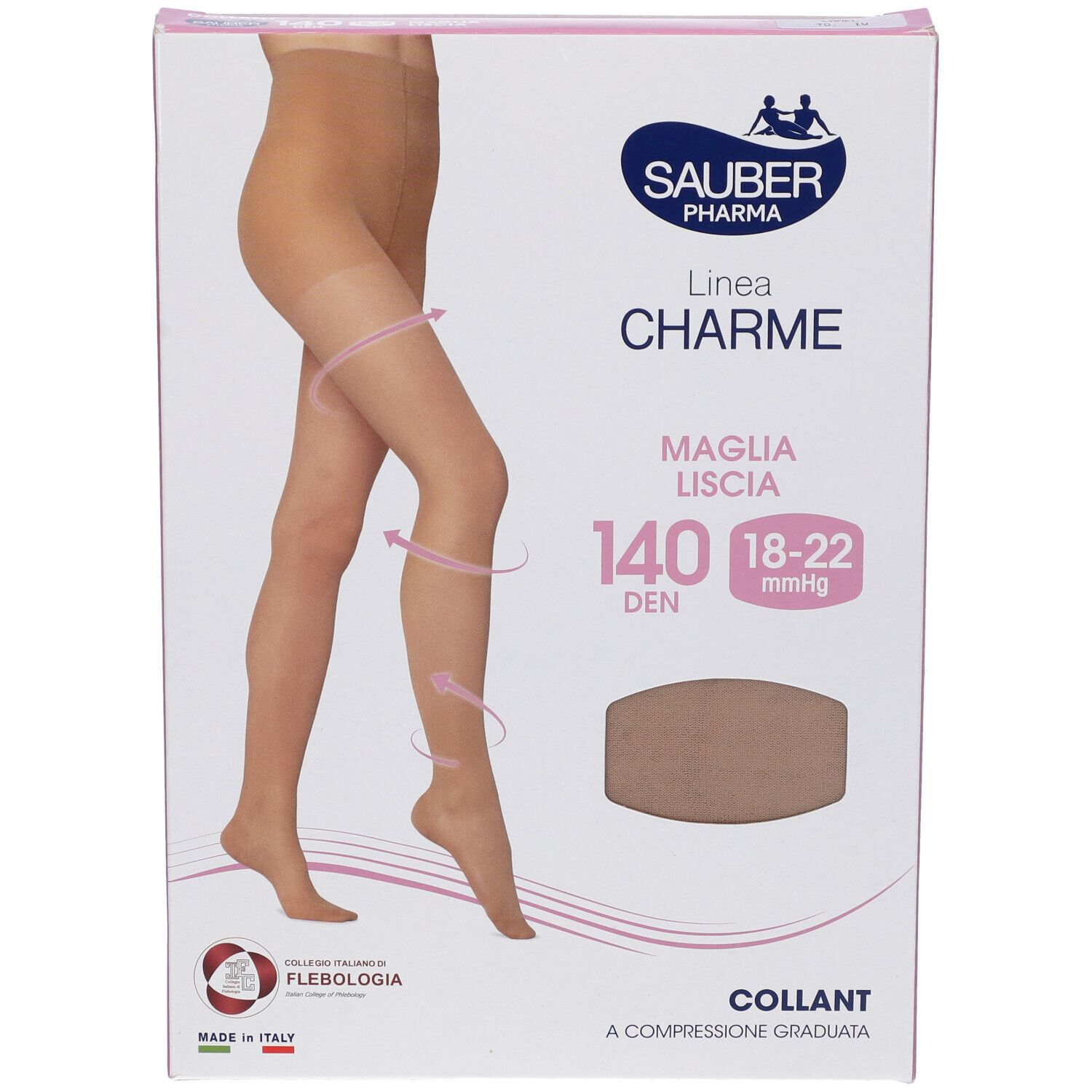 Collant beige Sauber Pharma, linea Charme, 140 den, 18-22 mmHg, confezione. Immagine di donna che indossa il collant.