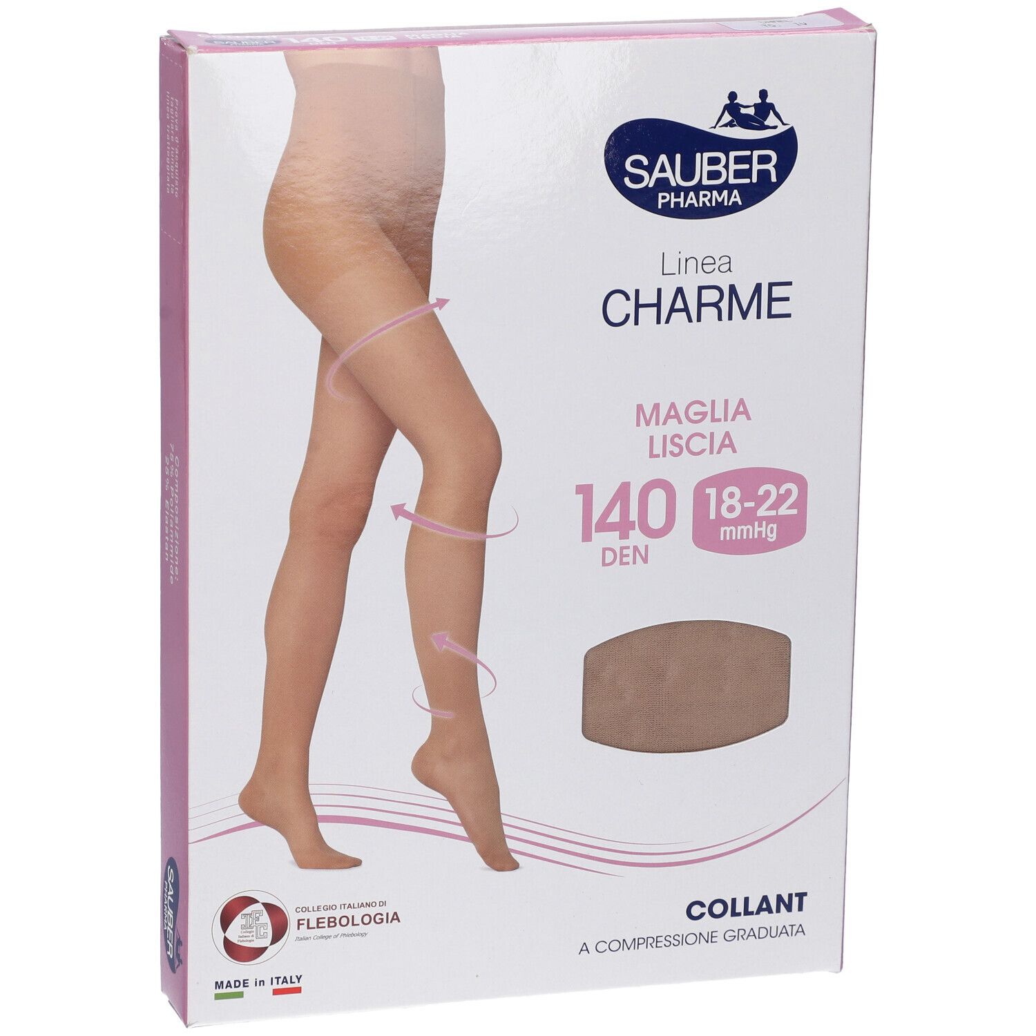 Collant beige Sauber Pharma, linea Charme, 140 den, 18-22 mmHg, confezione. Immagine di donna che indossa il collant.
