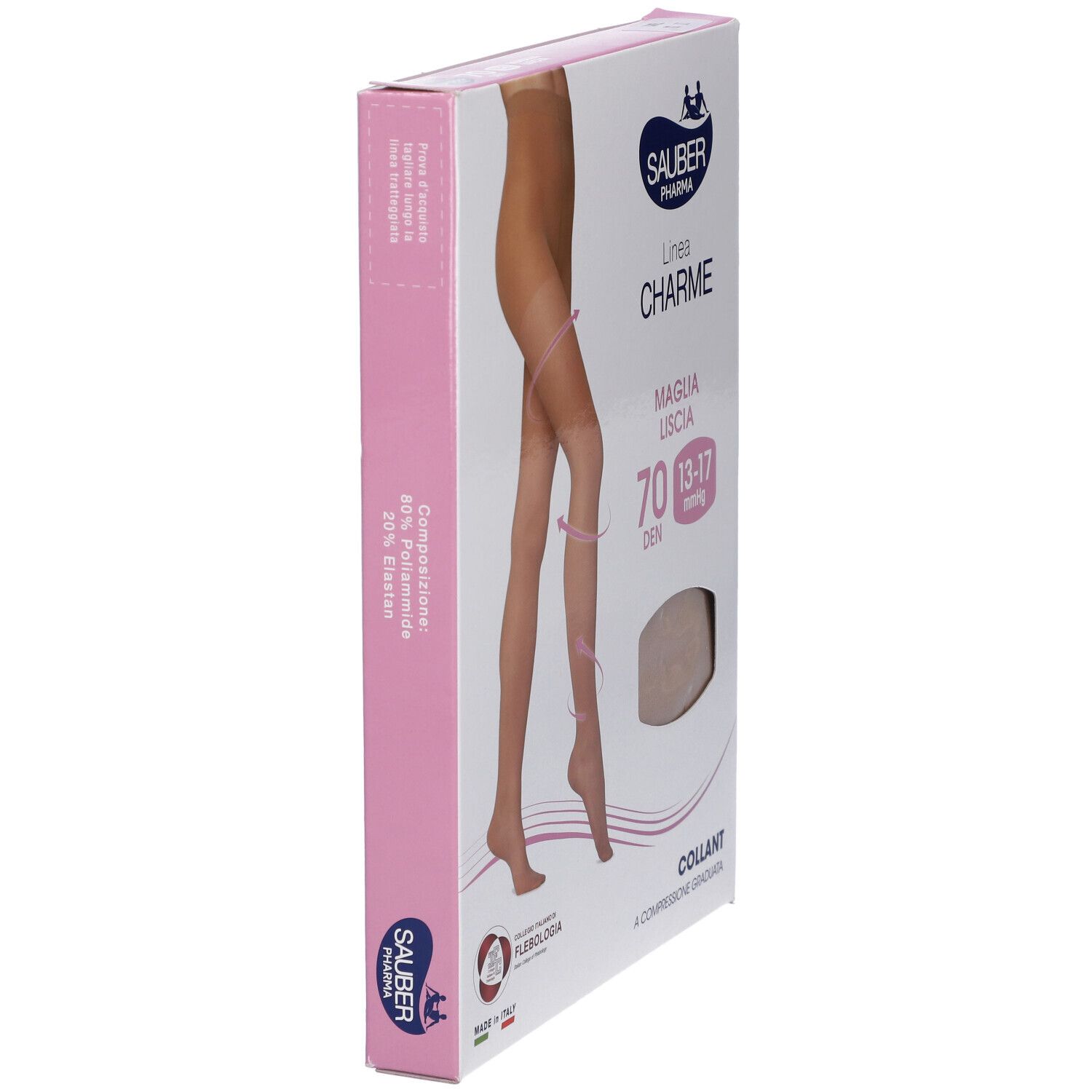Confezione collant Sauber Pharma, modello Charme, 70 den, colore Camel. Vista laterale.