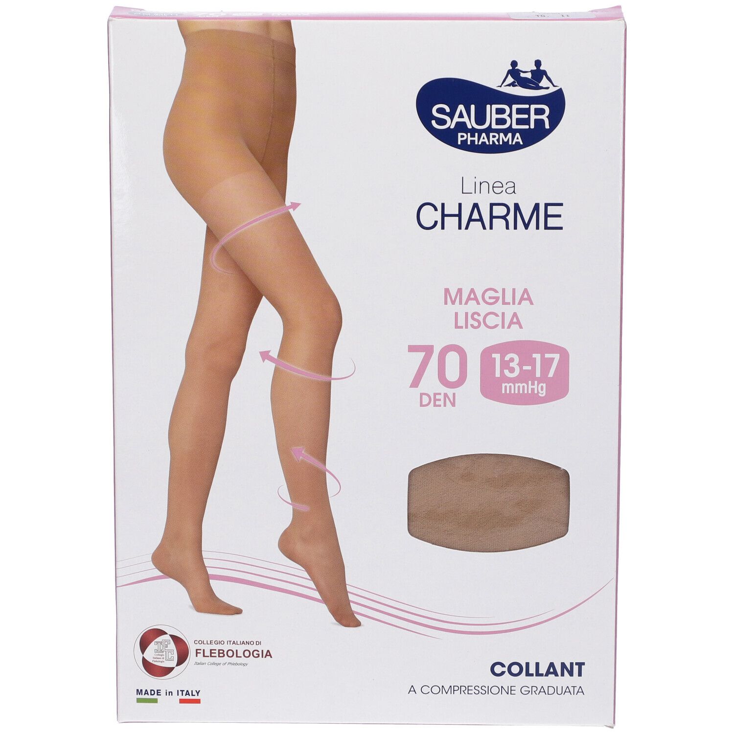 Confezione collant Sauber Pharma, modello Charme, 70 den, colore Camel. Vista frontale.