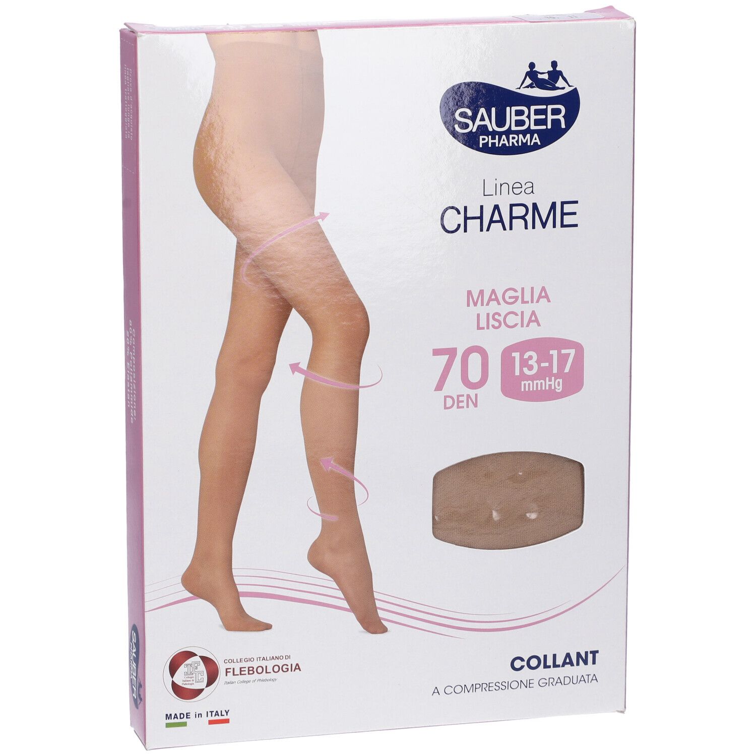 Confezione collant Sauber Pharma, modello Charme, 70 den, colore Camel. Vista frontale.