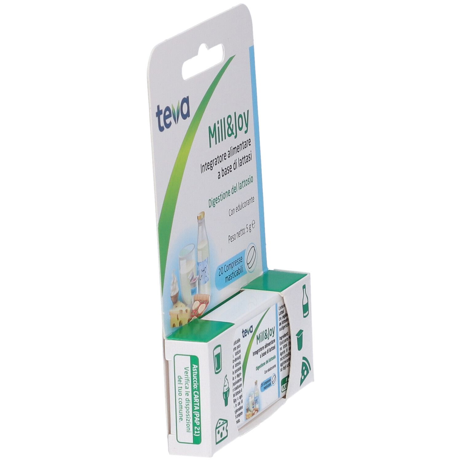 Mill&Joy Teva: 20 compresse masticabili per la digestione del lattosio. Vista laterale della confezione.