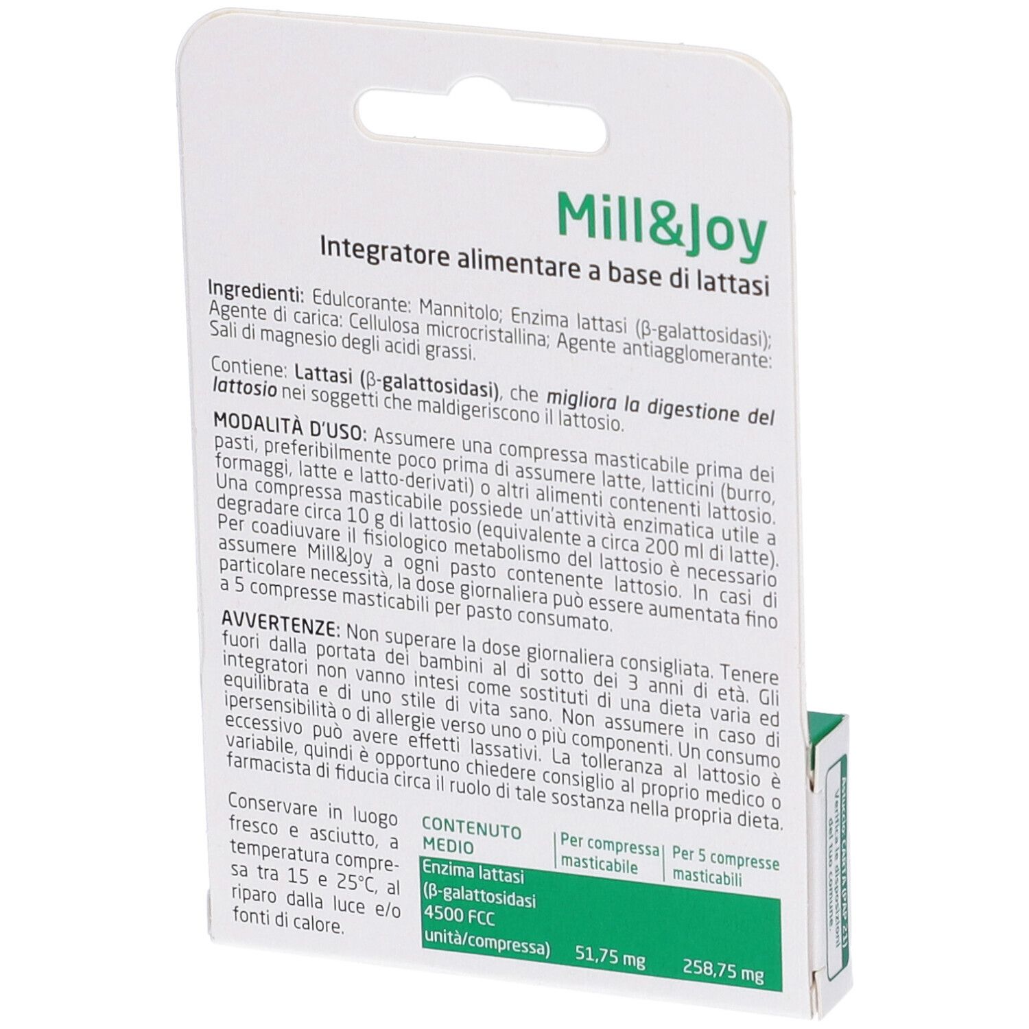 Mill&Joy Teva: Retro della confezione con ingredienti e istruzioni per 20 compresse masticabili.