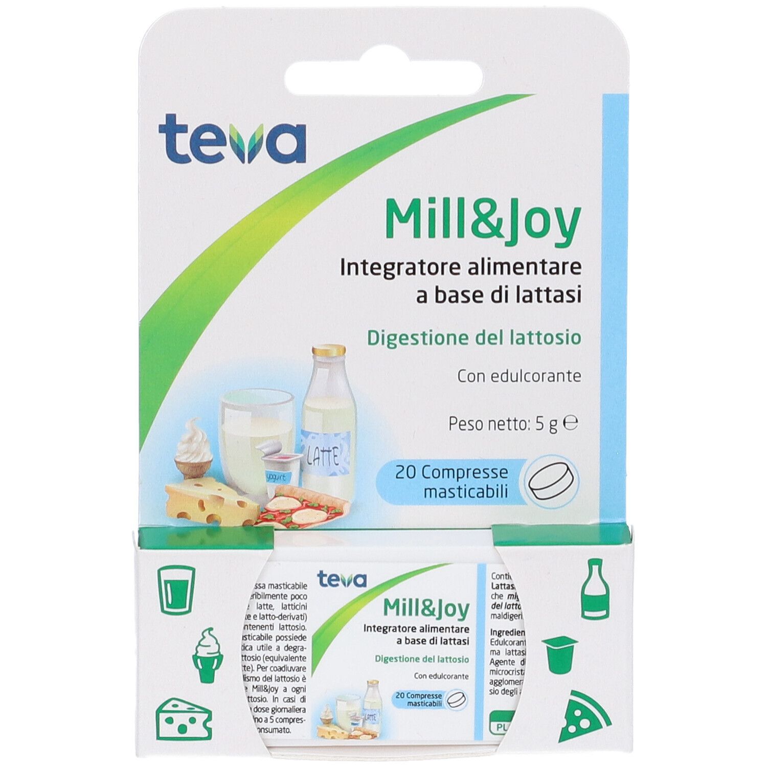 Mill&Joy Teva: 20 compresse masticabili per la digestione del lattosio. Fronte della confezione con immagine del prodotto.