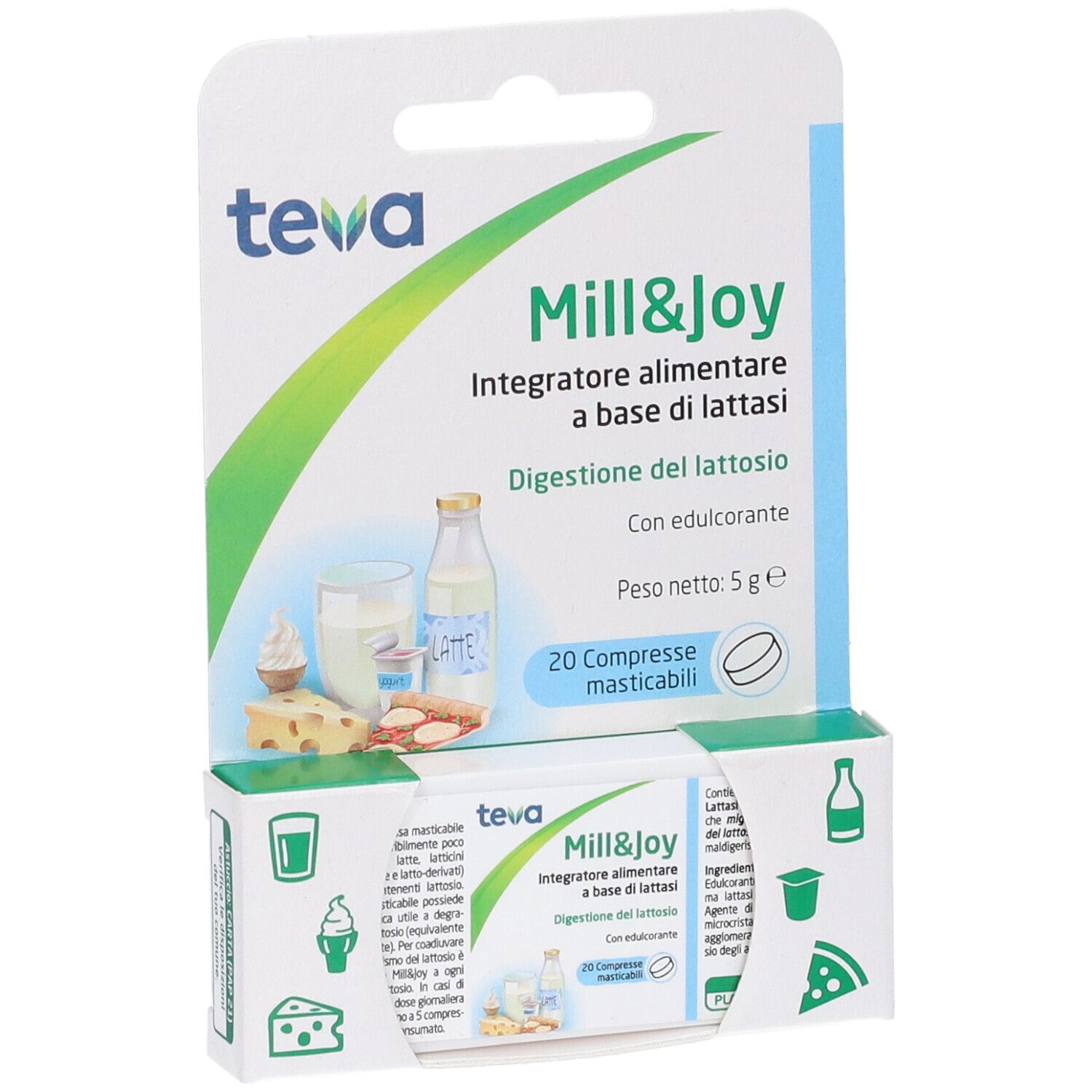 Mill&Joy Teva: 20 compresse masticabili per la digestione del lattosio. Fronte della confezione con immagine e icone.