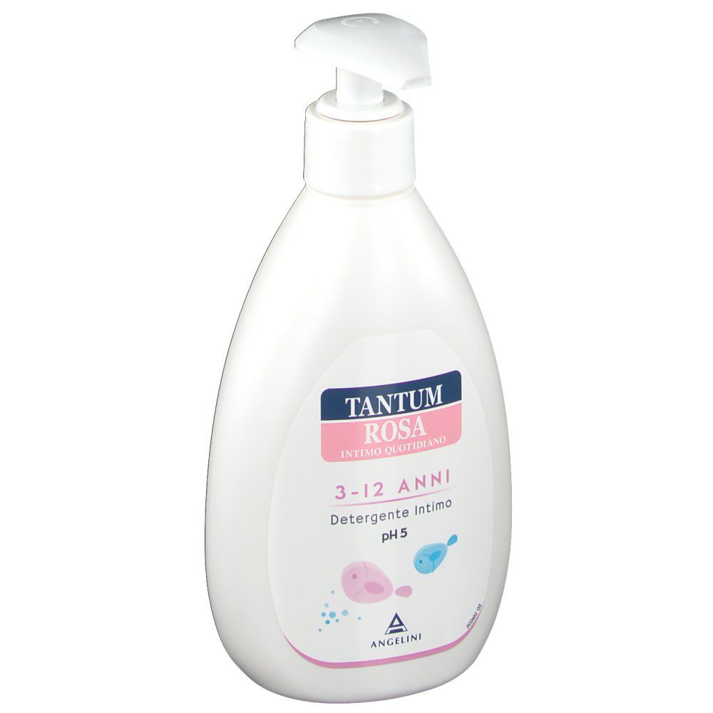 Flacone bianco con dosatore. Nome del prodotto e dettagli sull'etichetta. Accenti rosa e blu. Per bambini.