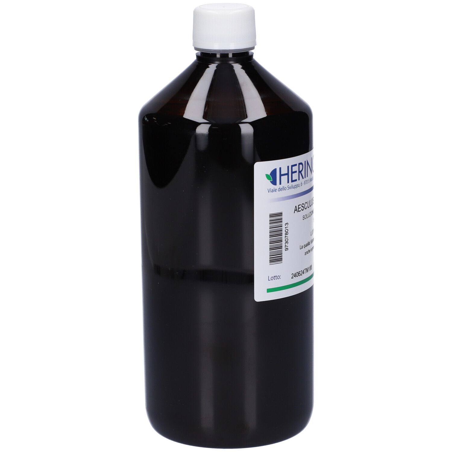 Flacone marrone con tappo bianco. Etichetta con nome del prodotto e marchio HERING. 1000 ml.