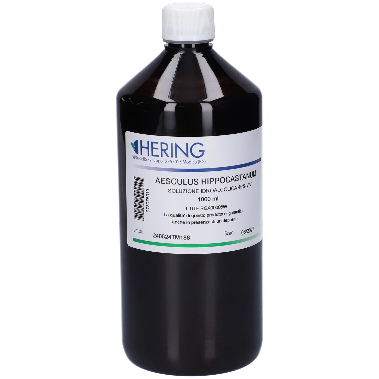 Flacone marrone con tappo bianco. Etichetta con nome del prodotto e marchio HERING. 1000 ml.