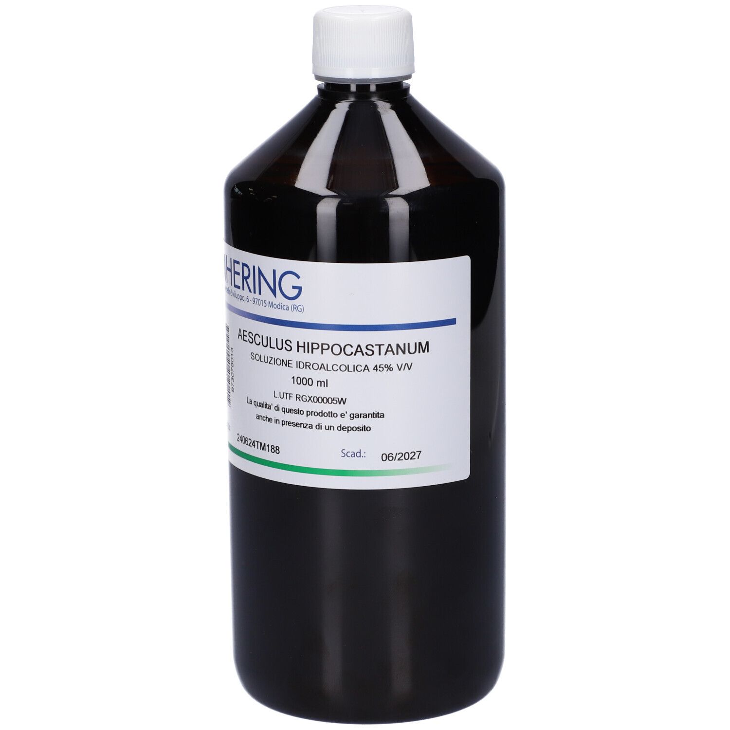 Flacone marrone con tappo bianco. Etichetta con nome del prodotto e marchio HERING. 1000 ml.