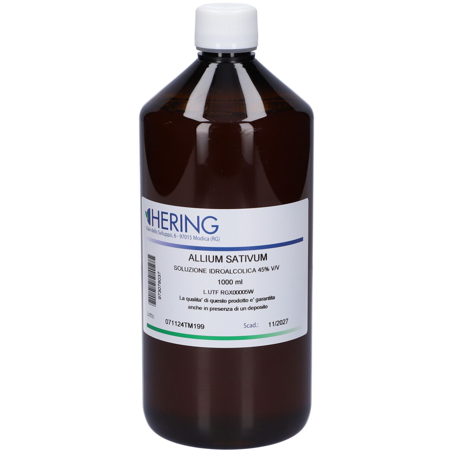 Flacone marrone con tappo bianco ed etichetta. L'etichetta indica HERING, ALLIUM SATIVUM, soluzione.