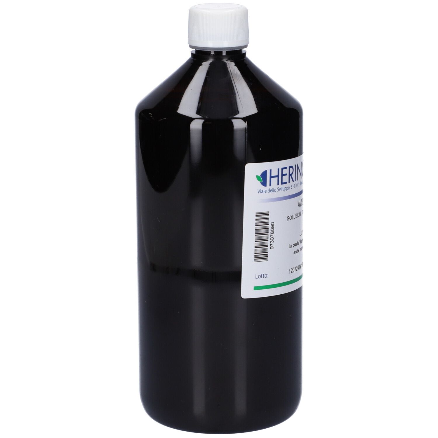 Flacone scuro con tappo bianco. Etichetta con testo. Marchio: HERING. Prodotto: Avena Sativa.
