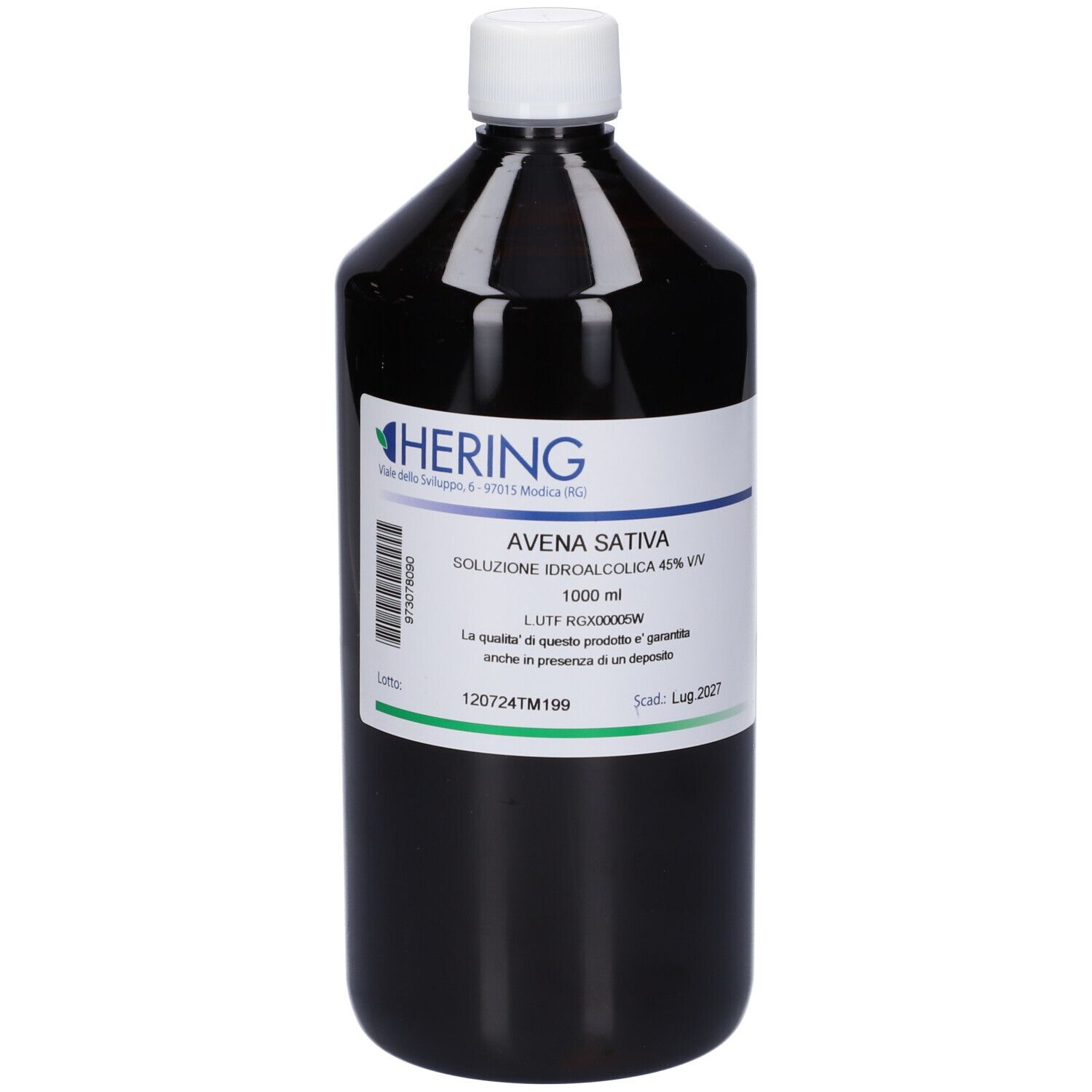 Flacone scuro con tappo bianco ed etichetta. Scritta: Avena Sativa, soluzione. Marchio: HERING.