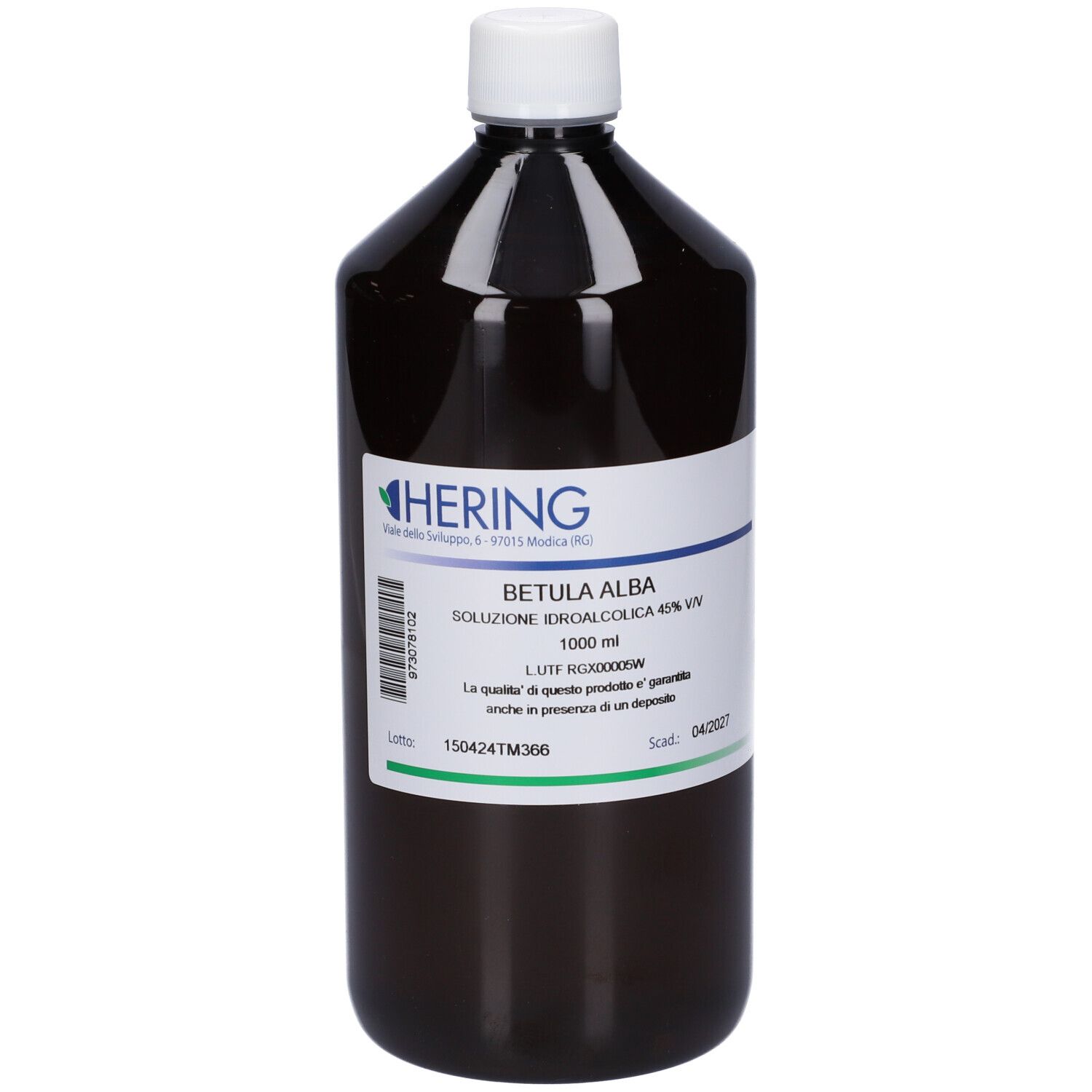 Flacone marrone con tappo bianco. Etichetta con informazioni sul prodotto e logo.