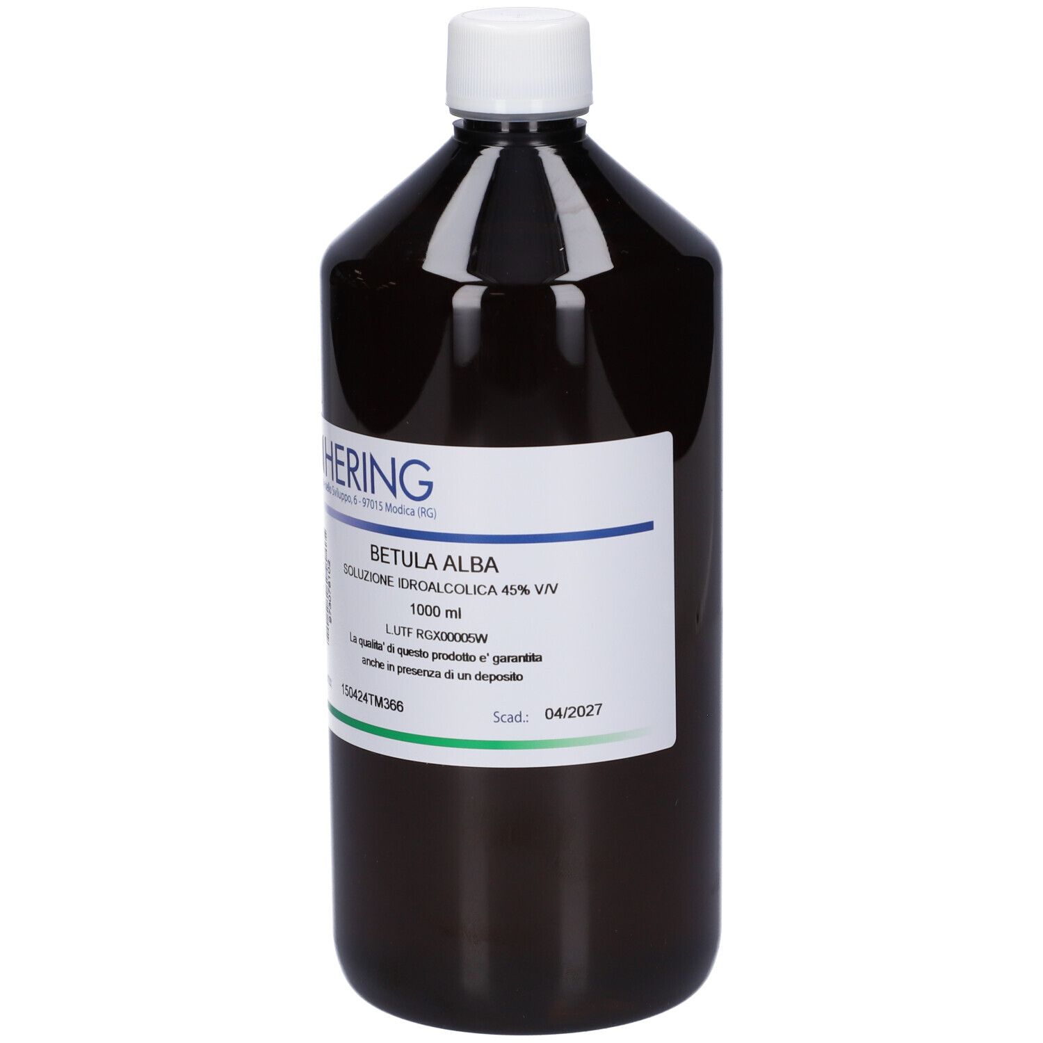 Flacone marrone con tappo bianco. Etichetta con informazioni sul prodotto e logo.