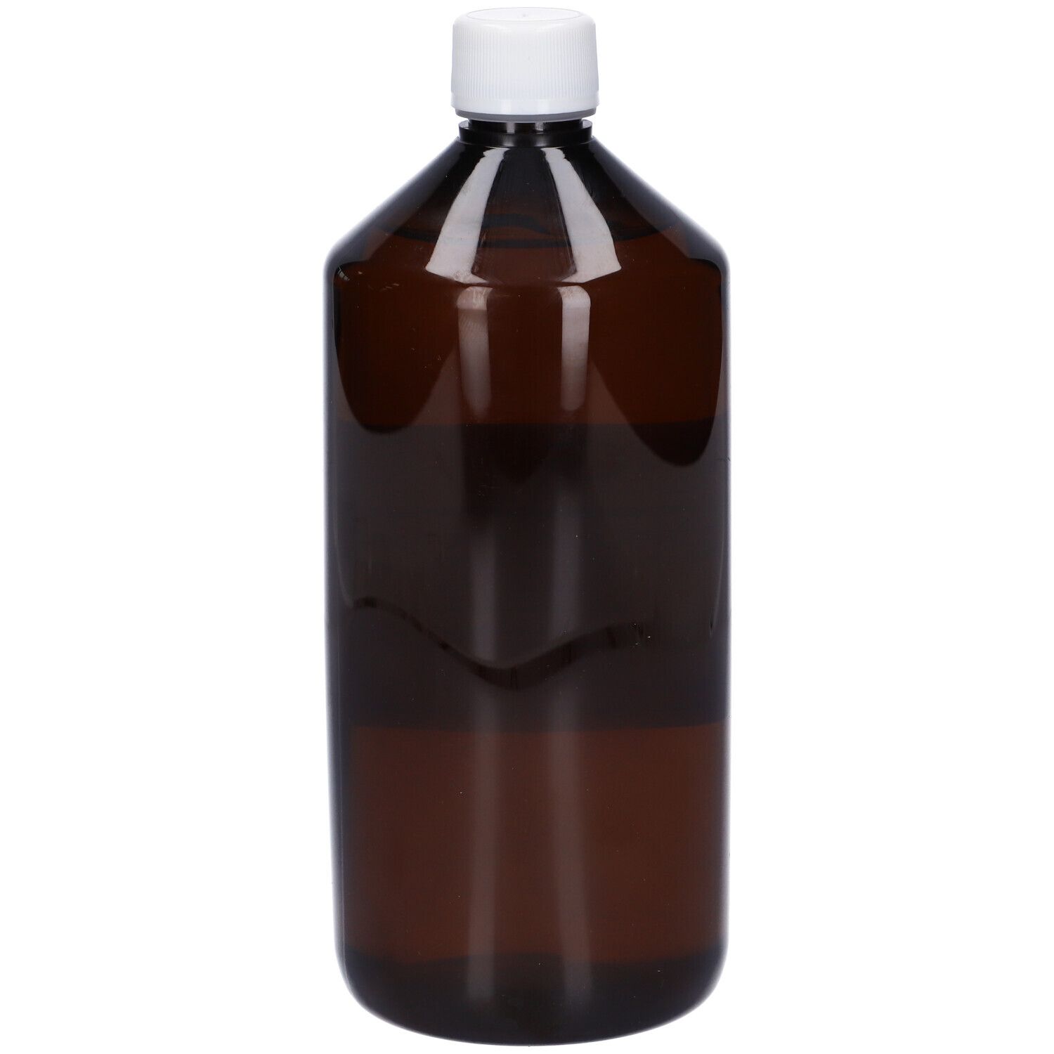 Bottiglia marrone con tappo bianco. Nessuna etichetta visibile.