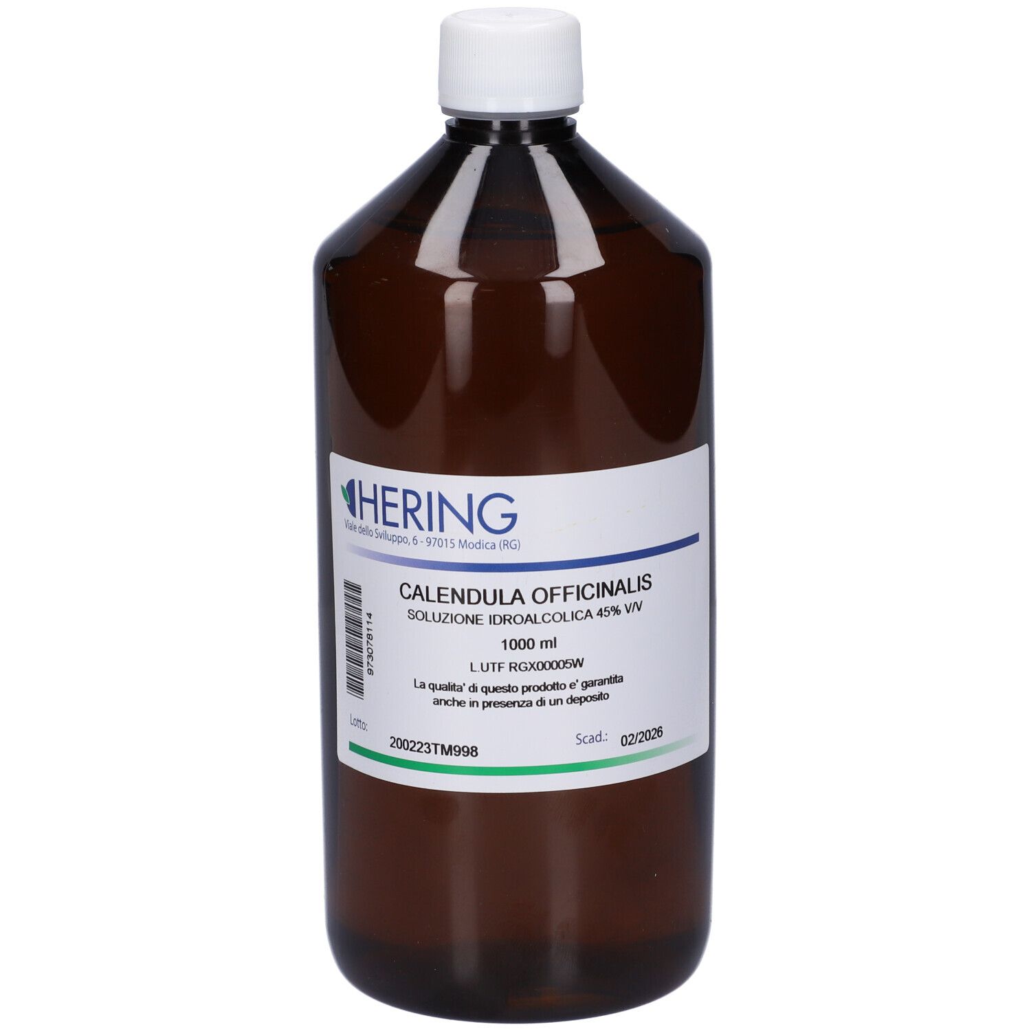 Bottiglia marrone con tappo bianco ed etichetta. L'etichetta riporta HERING e CALENDULA OFFICINALIS.
