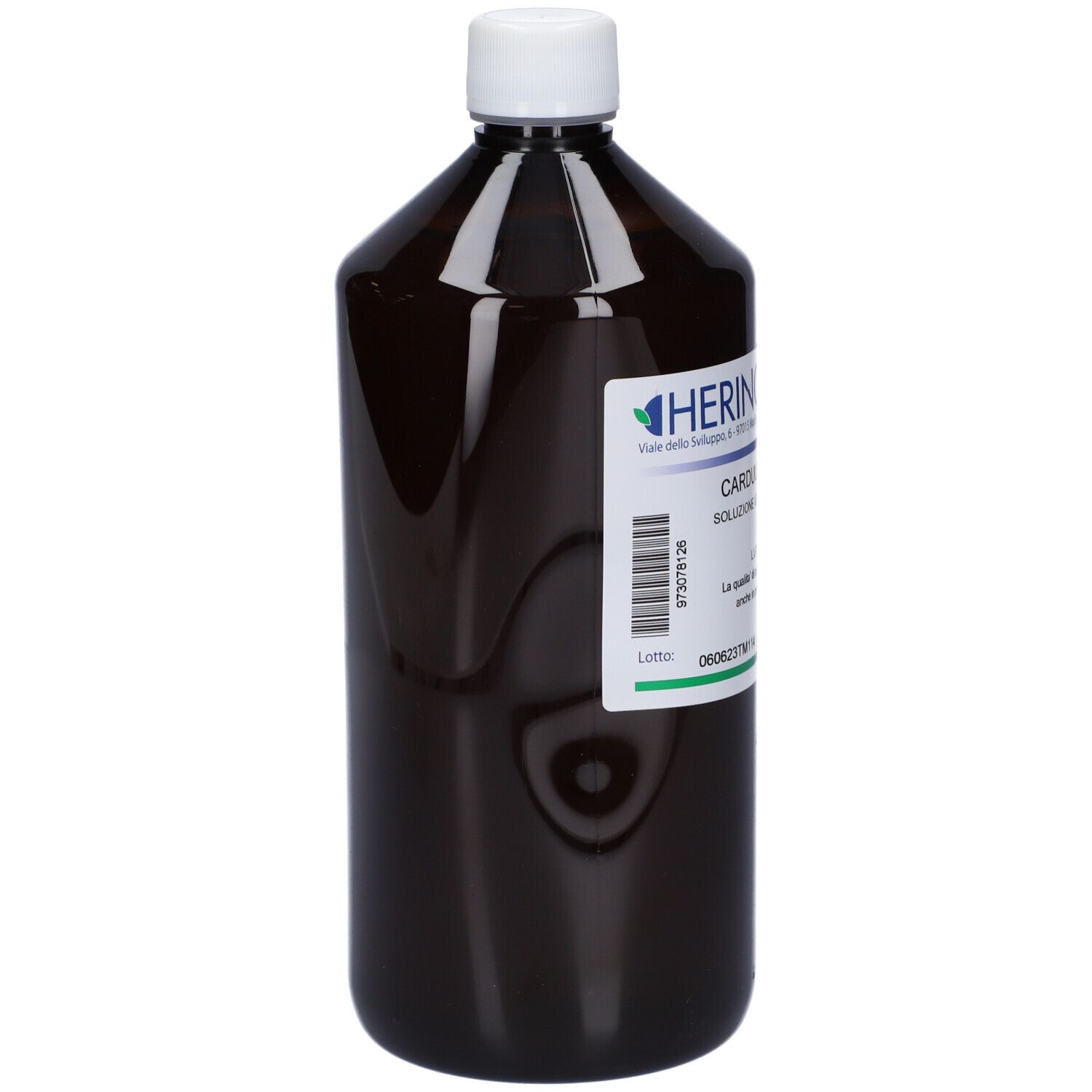 Bottiglia marrone con tappo bianco. Etichetta con testo, tra cui "Carduus Marianum".