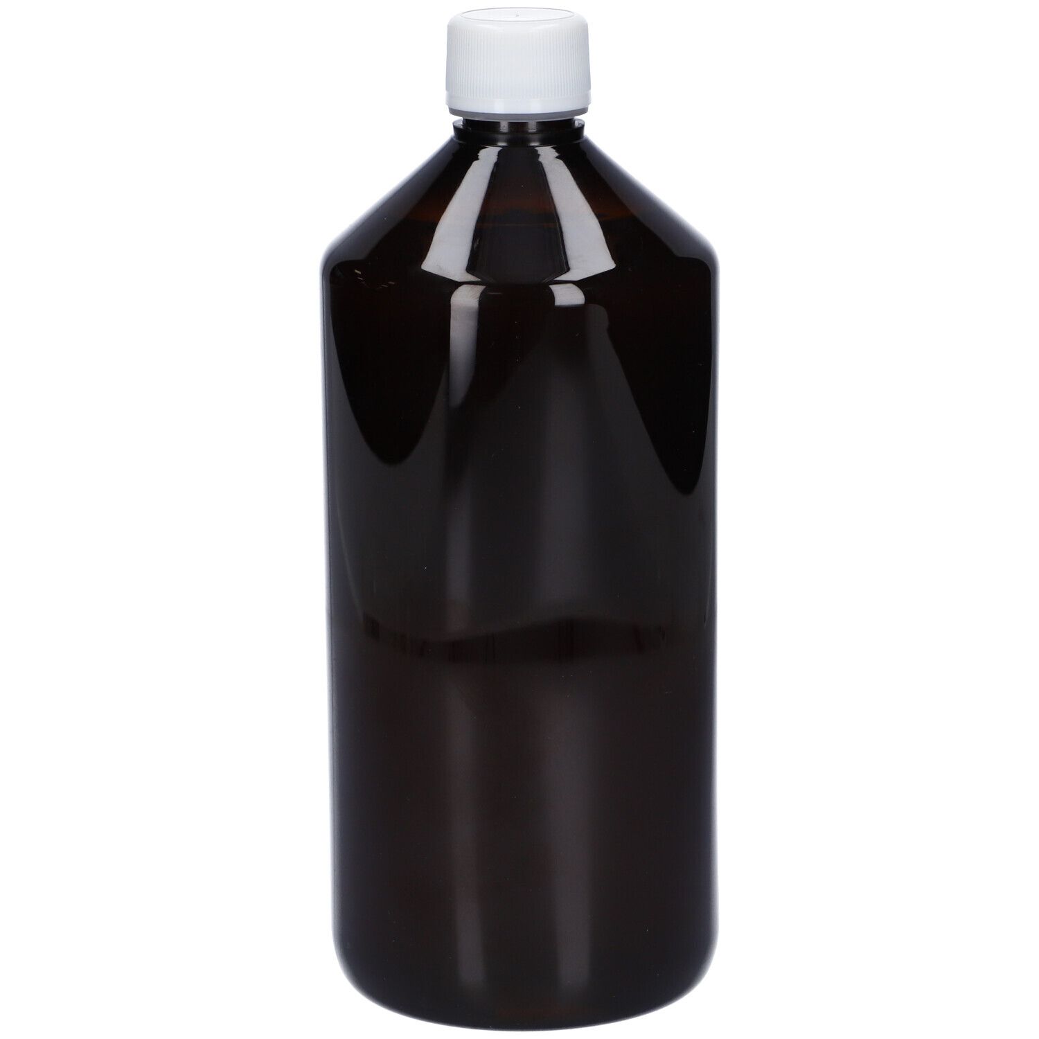 Bottiglia marrone con tappo bianco. Nessun altro dettaglio visibile.