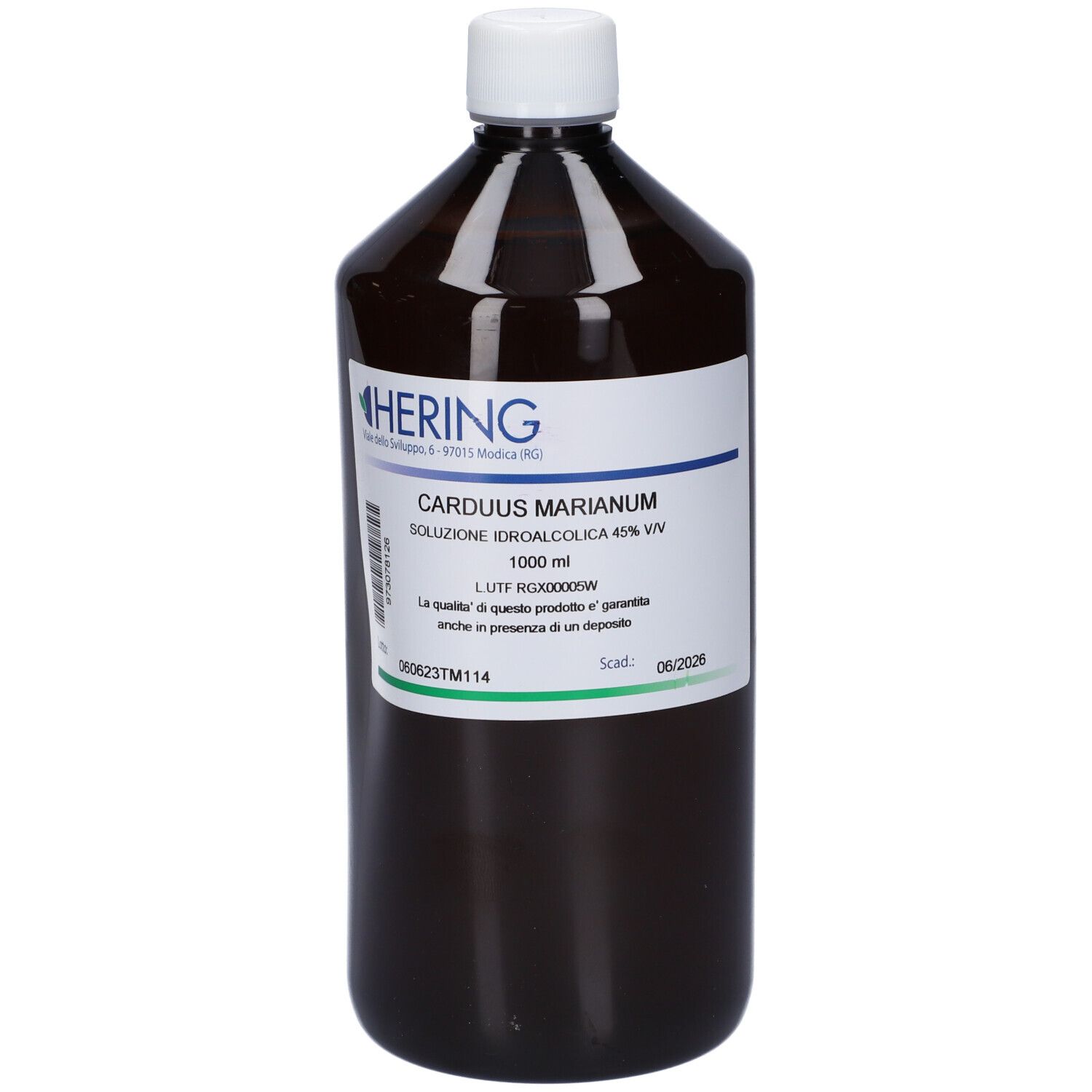 Bottiglia marrone con tappo bianco ed etichetta. L'etichetta riporta "Carduus Marianum".