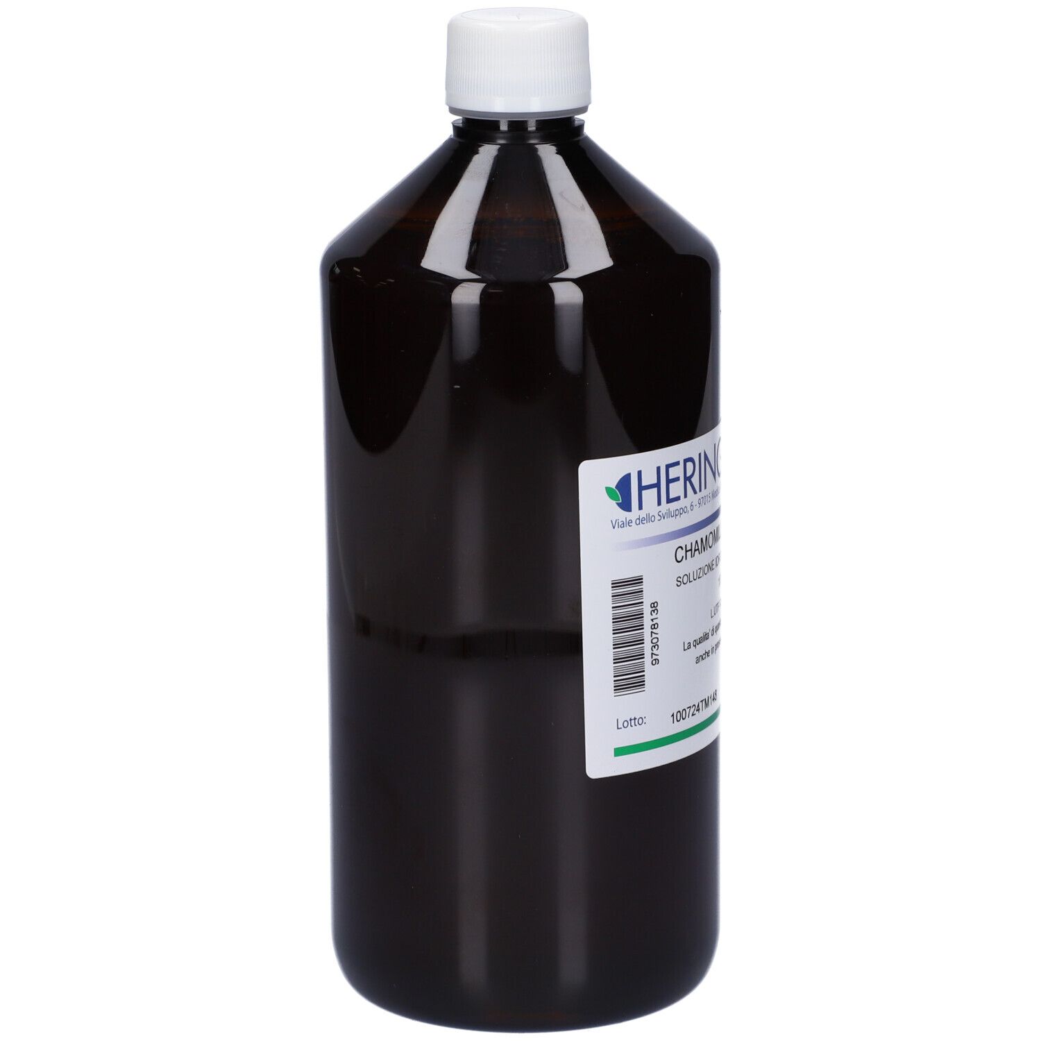 Bottiglia marrone con tappo bianco. Etichetta con testo: CHAMOMILLA VULGARIS, Soluzione idroalcolica 55% vol. Marchio HERING.