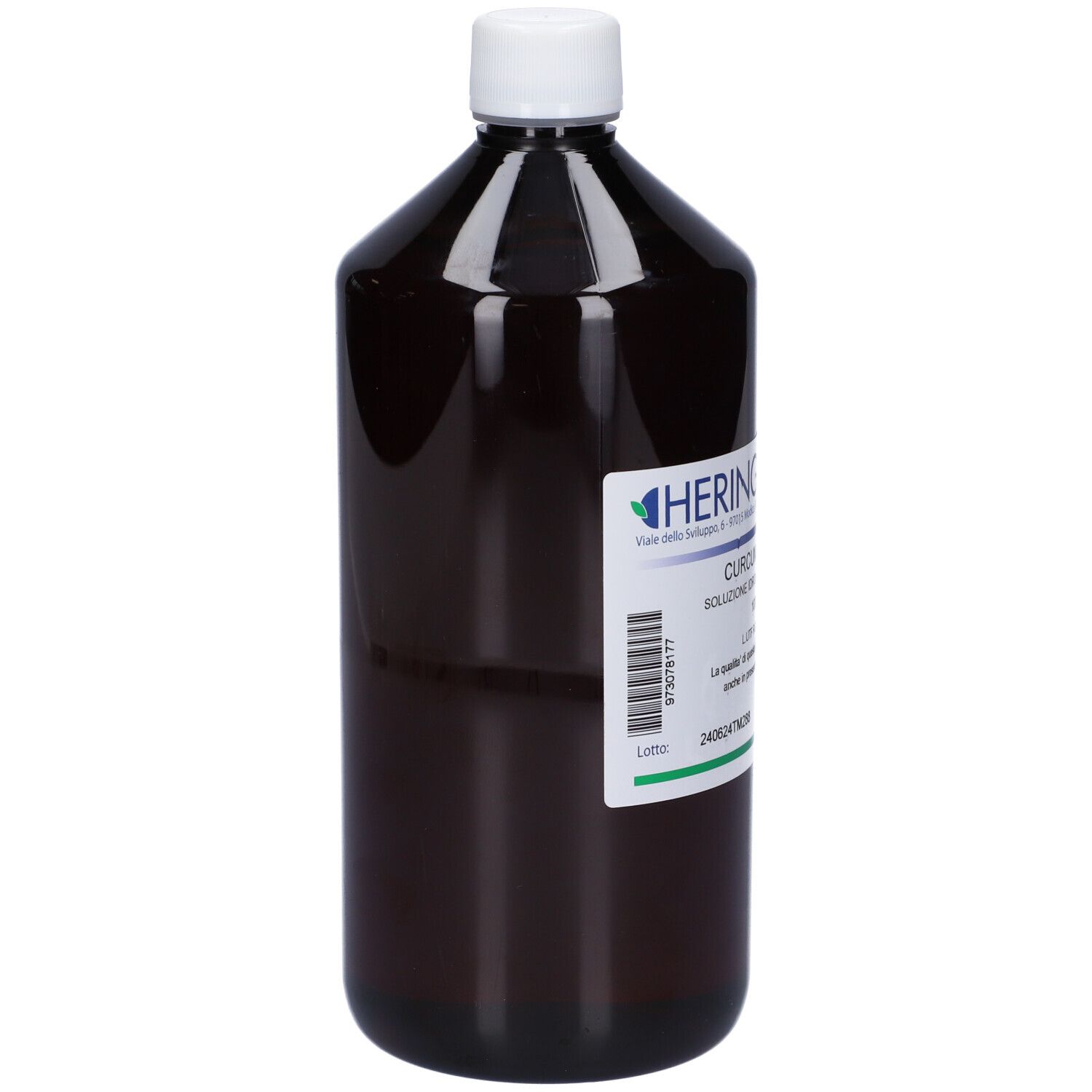 Flacone marrone con tappo bianco. Etichetta con informazioni sul prodotto e logo HERING. Curcuma Longa.