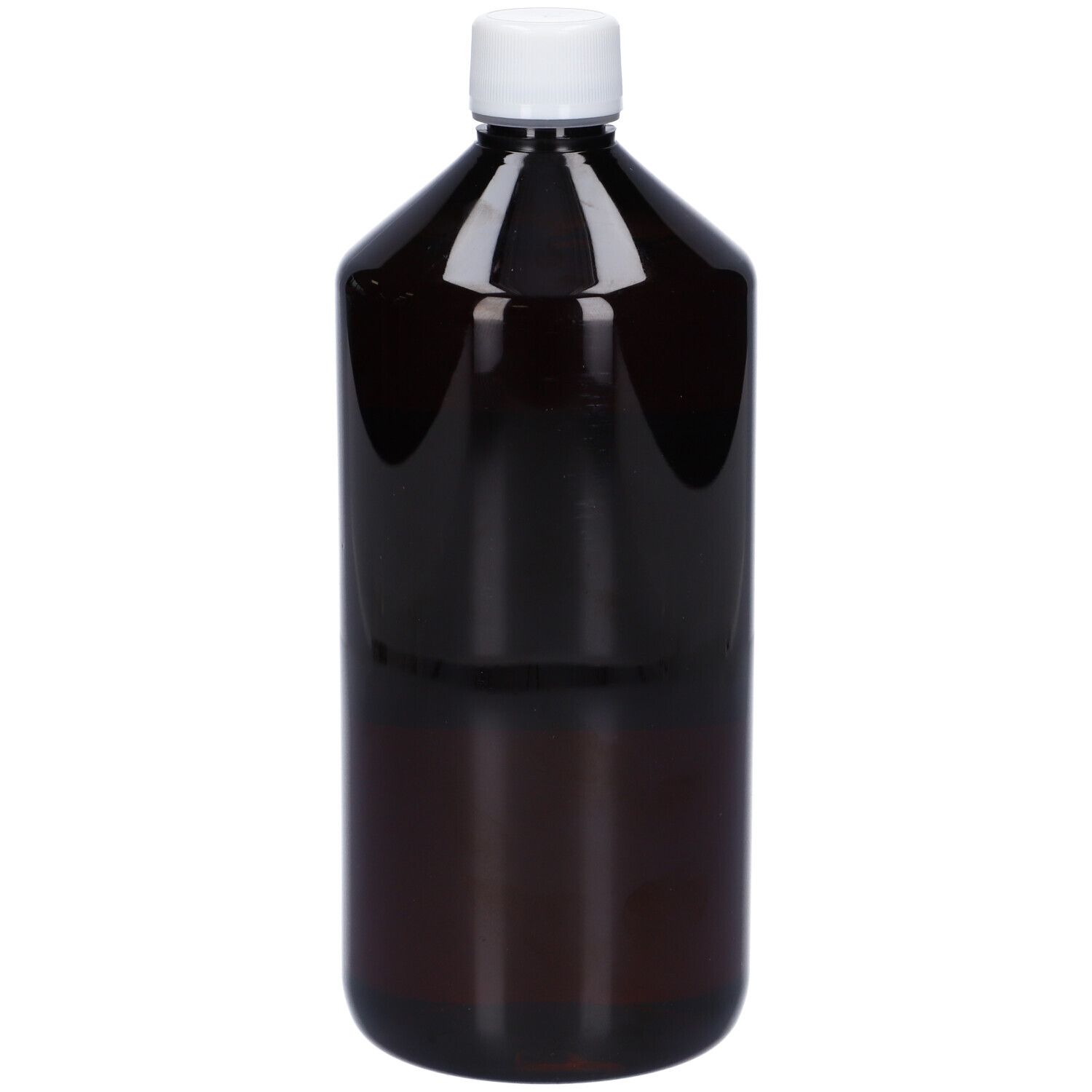 Flacone marrone con tappo bianco. Nessuna etichetta visibile. Forma di flacone farmaceutico.