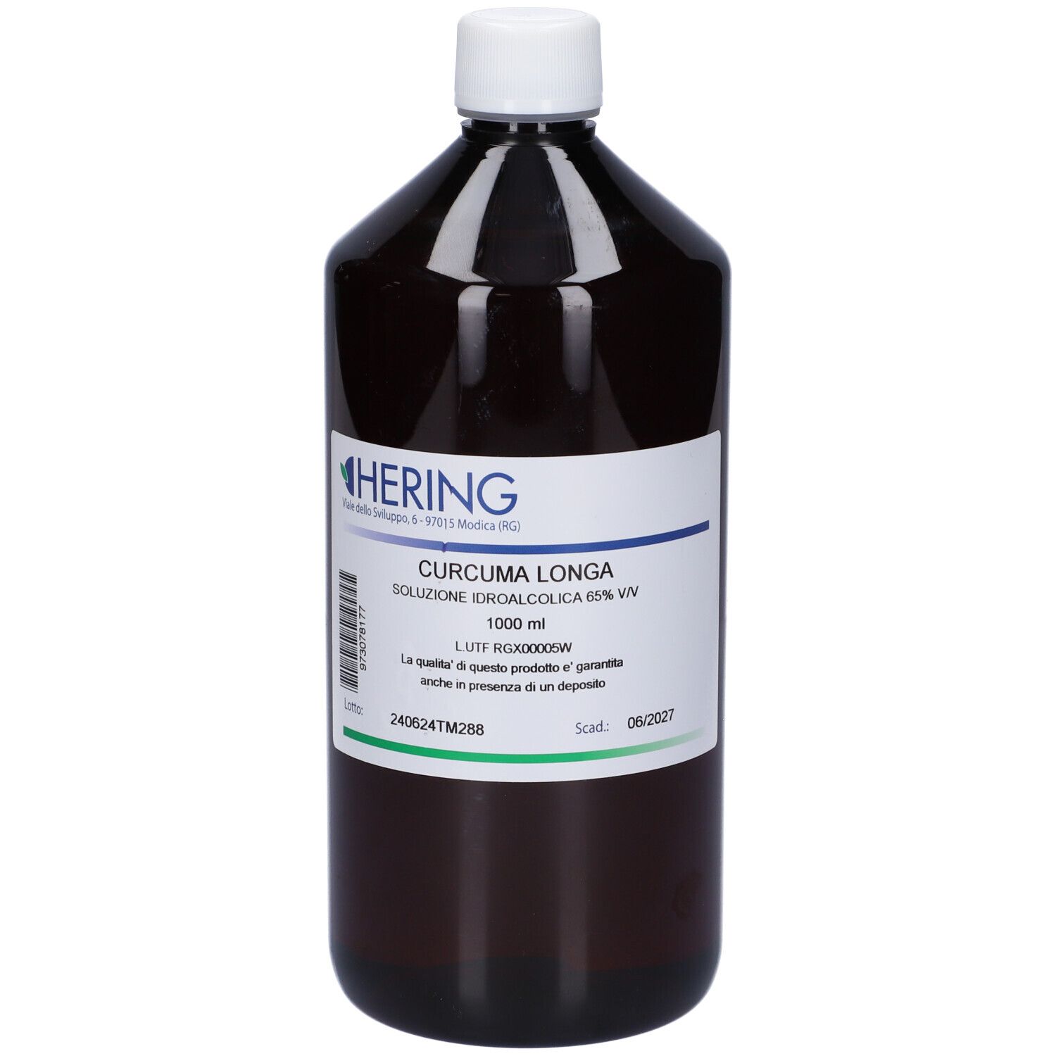 Flacone marrone con tappo bianco. Etichetta con informazioni sul prodotto e logo HERING. Contiene Curcuma Longa.