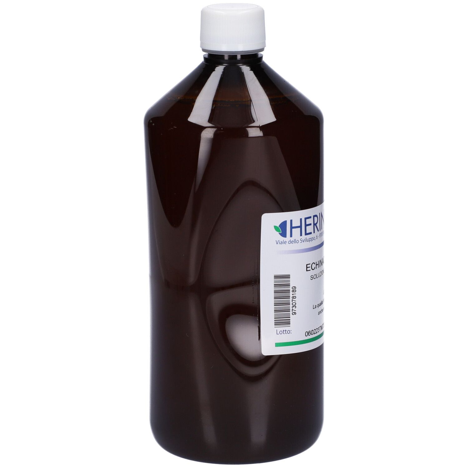 Flacone marrone con tappo bianco ed etichetta. Etichetta con codice a barre e testo. HERING, Echinacea Angustifolia.