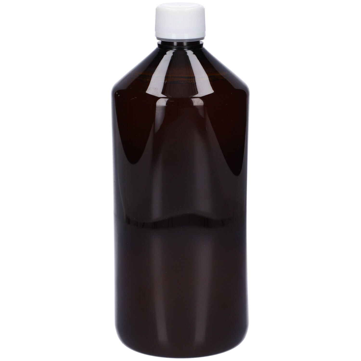 Flacone marrone con tappo bianco. Nessuna scritta visibile.