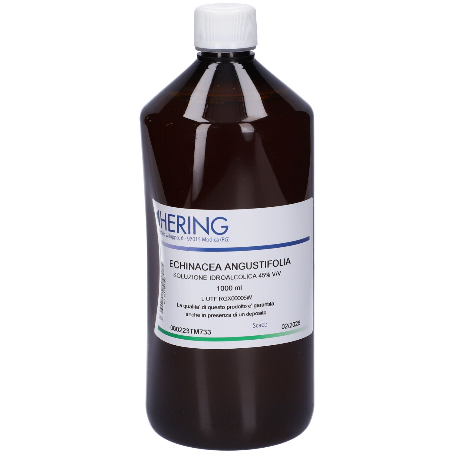 Flacone marrone con tappo bianco ed etichetta. Scritta: HERING, Echinacea Angustifolia, 1000 ml, scadenza.