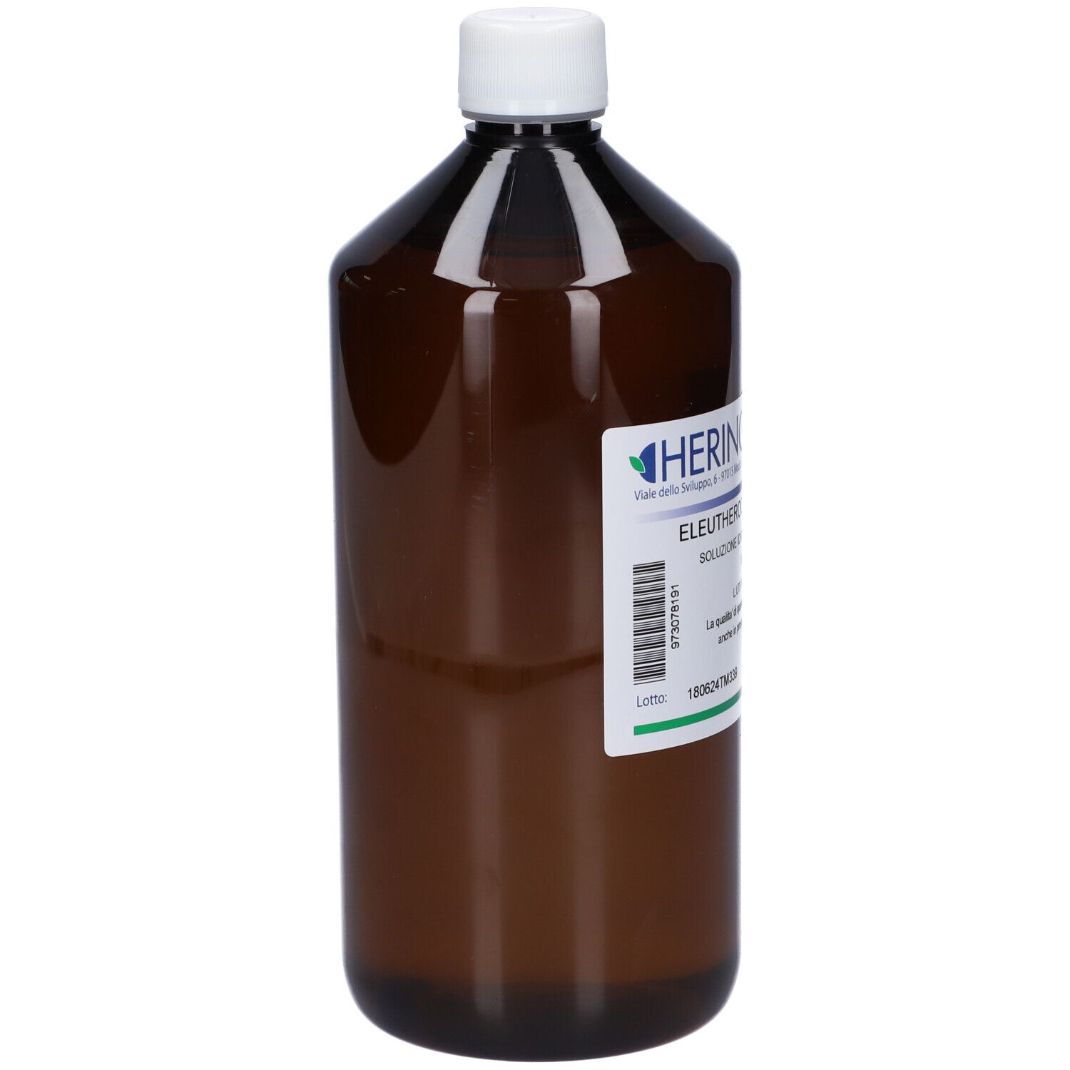 Bottiglia marrone con tappo bianco. Etichetta con informazioni sul prodotto. Logo HERING visibile.
