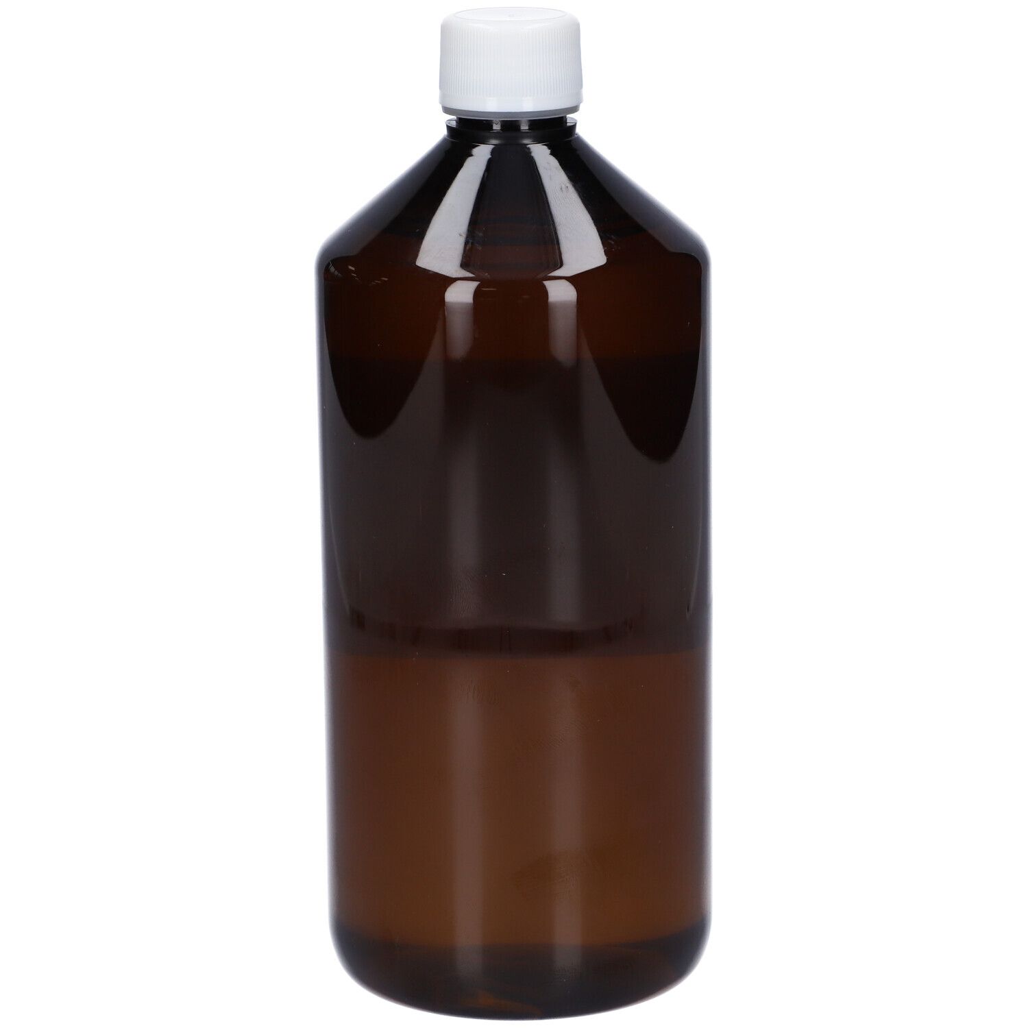 Bottiglia marrone con tappo bianco. Liquido del prodotto visibile. Nessun altro dettaglio.