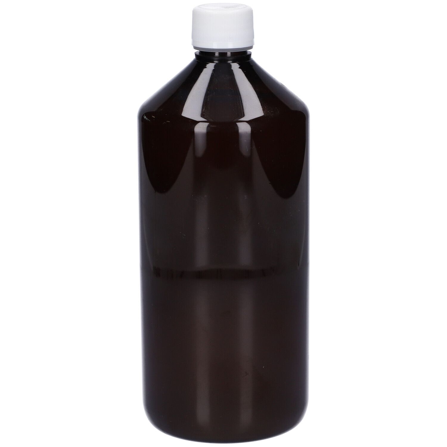 Flacone marrone con tappo bianco. Nessuna scritta visibile.