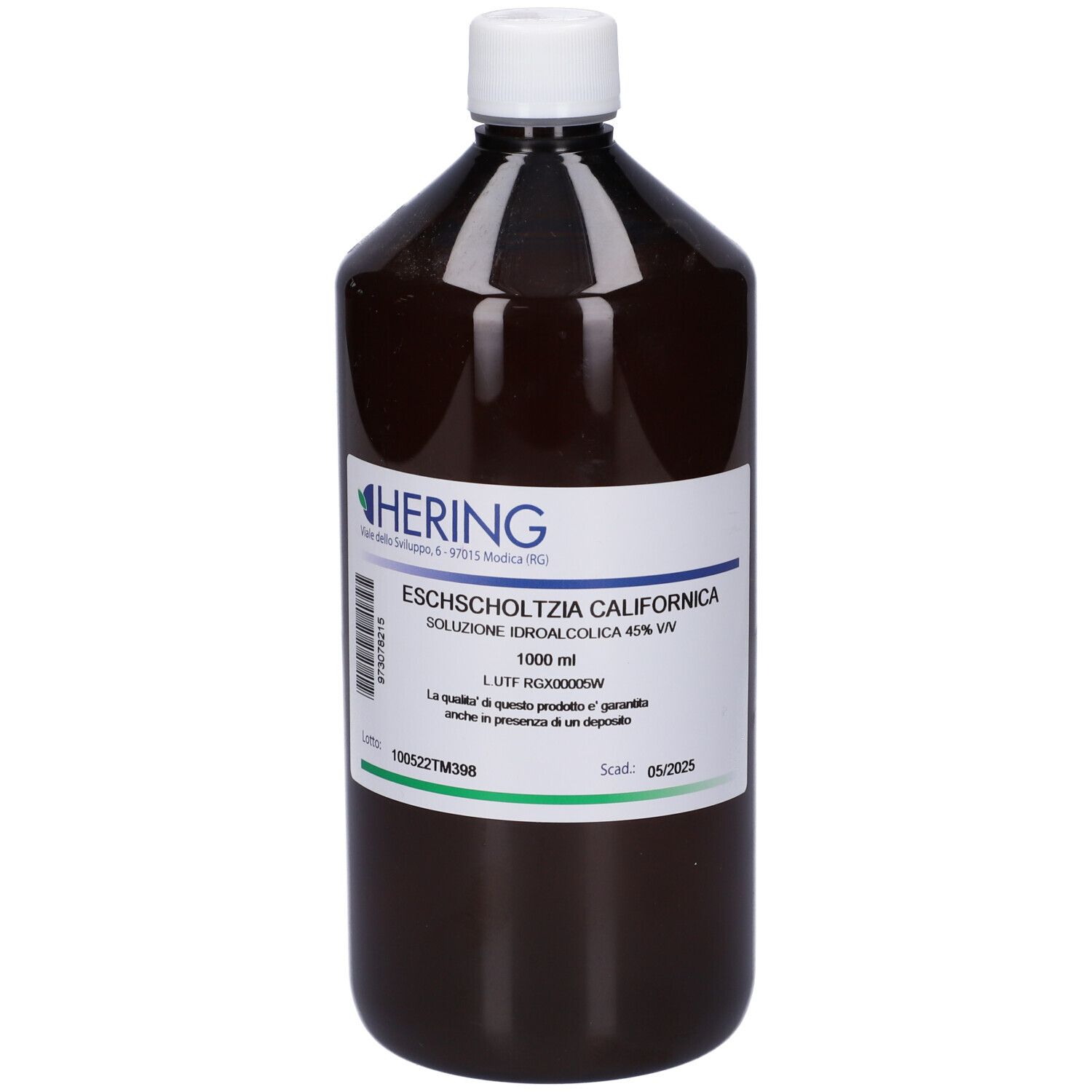 Flacone marrone con tappo bianco ed etichetta. Scritta: HERING, Eschscholtzia Californica, 1000 ml.