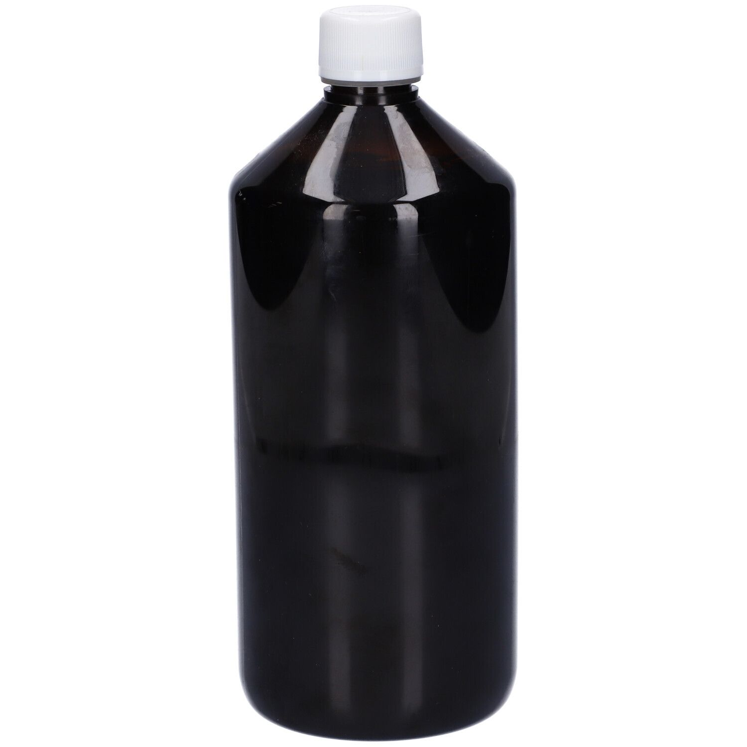 Flacone di vetro marrone con tappo bianco. Nessuna etichetta visibile.