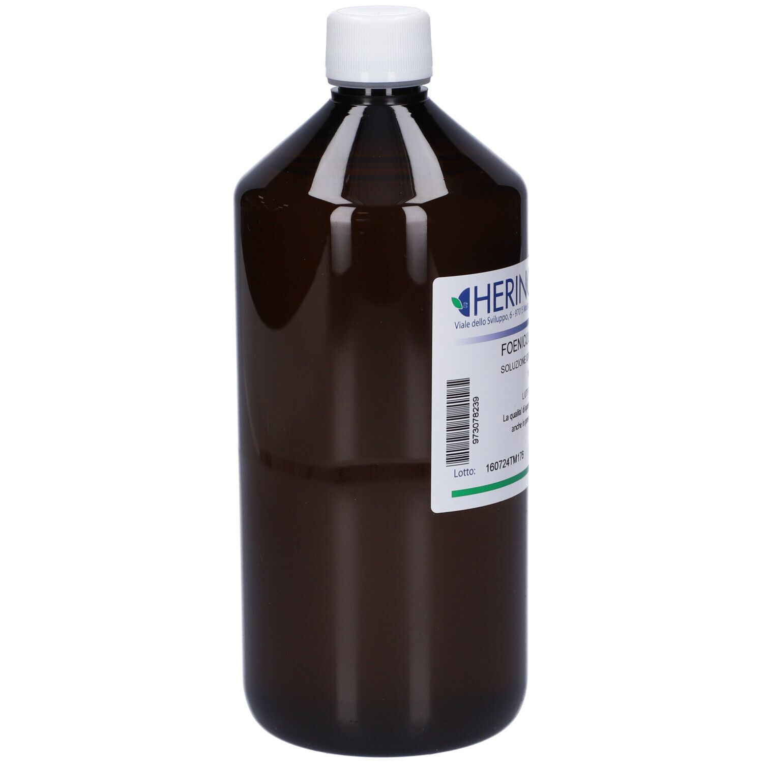 Flacone marrone con tappo bianco. Etichetta con informazioni sul prodotto e logo HERING.