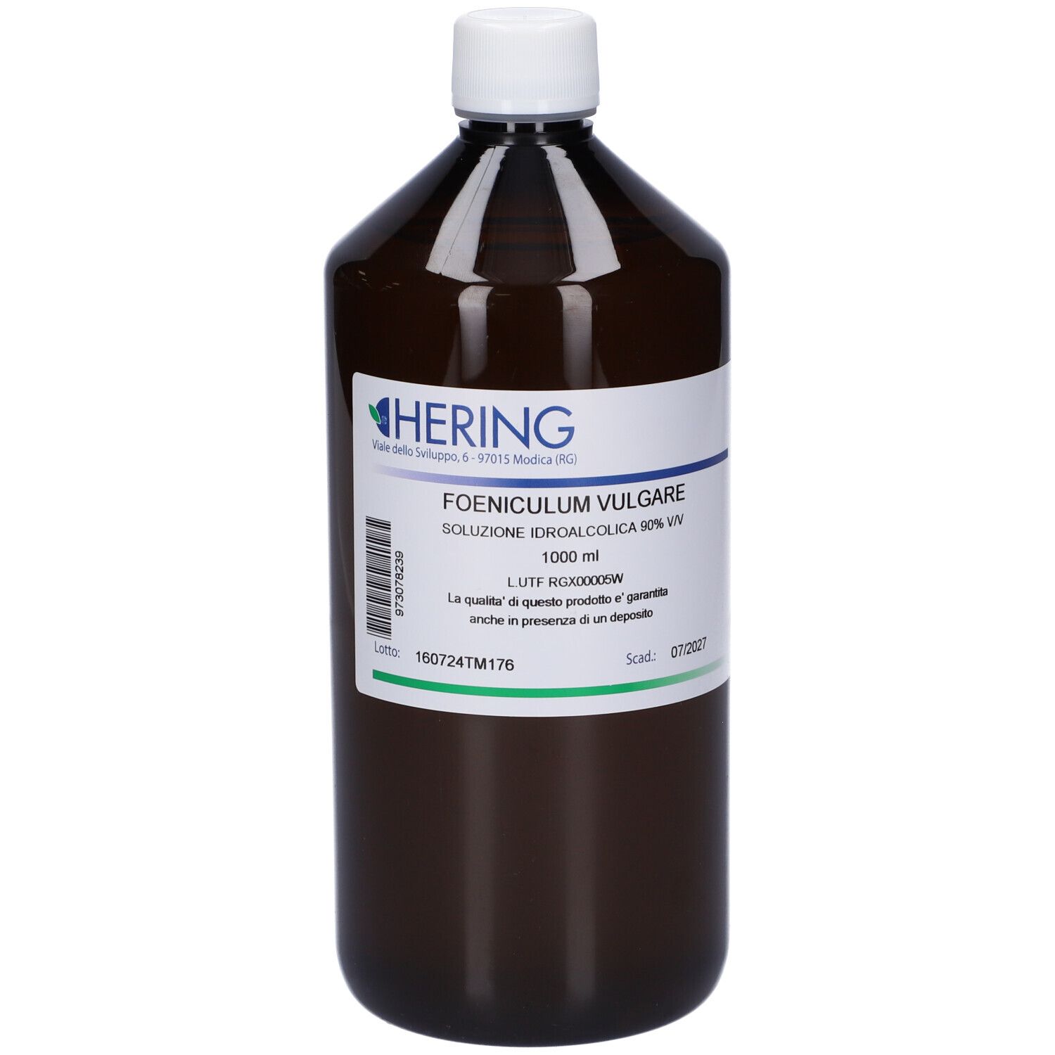 Flacone marrone con tappo bianco. Etichetta con informazioni sul prodotto e logo HERING.