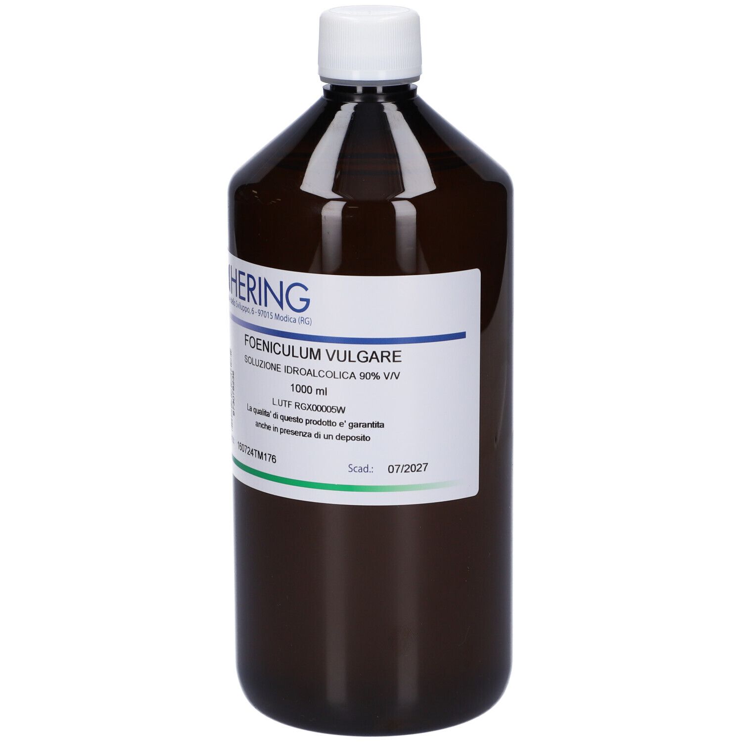 Flacone marrone con tappo bianco. Etichetta con informazioni sul prodotto e logo HERING.