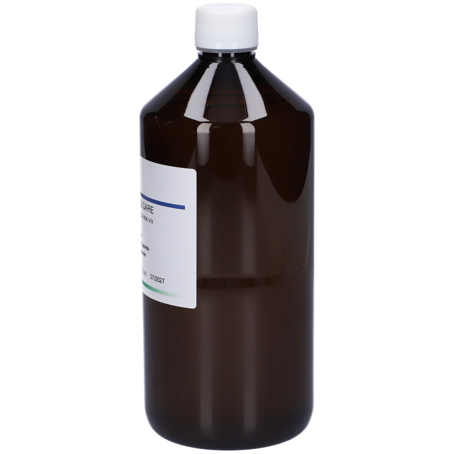 Flacone marrone con tappo bianco. Etichetta con informazioni sul prodotto.