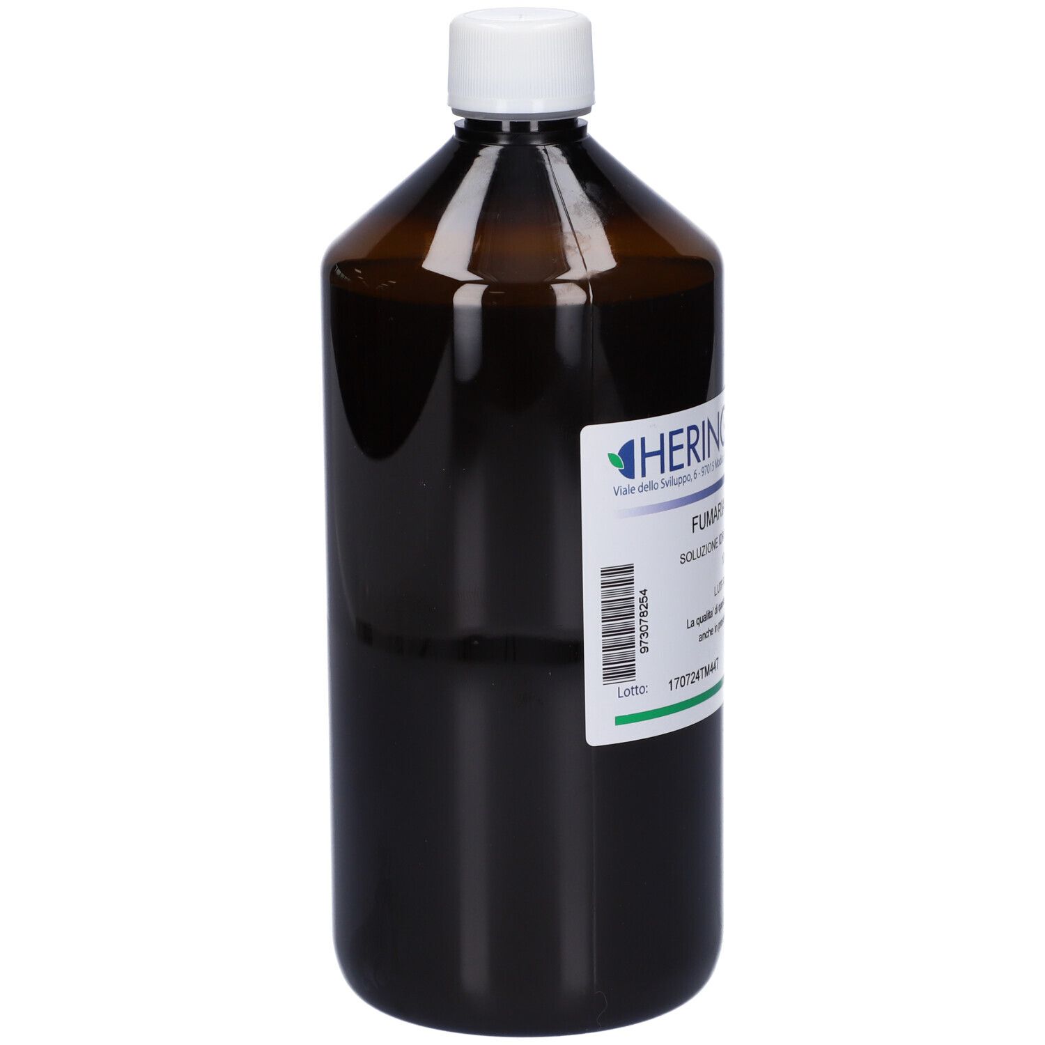 Flacone di vetro marrone con tappo bianco. Etichetta con scritta: HERING, Fumaria Officinalis.