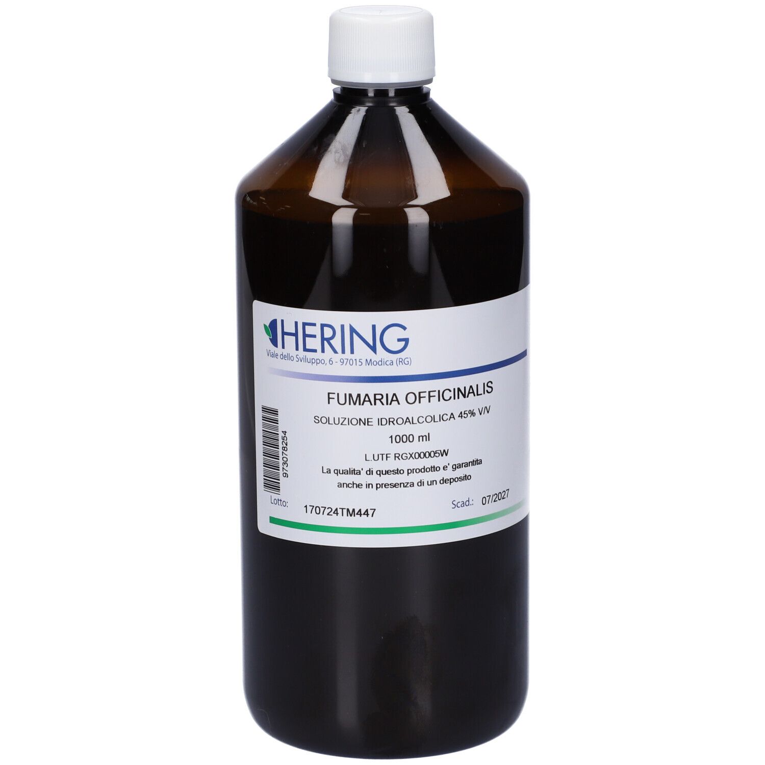 Flacone di vetro marrone con tappo bianco ed etichetta. Scritta: HERING, Fumaria Officinalis, 1000 ml.