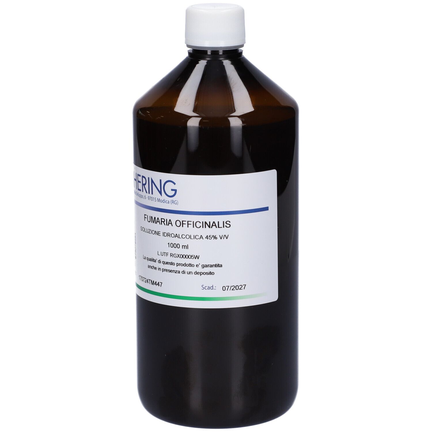 Flacone di vetro marrone con tappo bianco ed etichetta. Scritta: HERING, Fumaria Officinalis, 1000 ml.