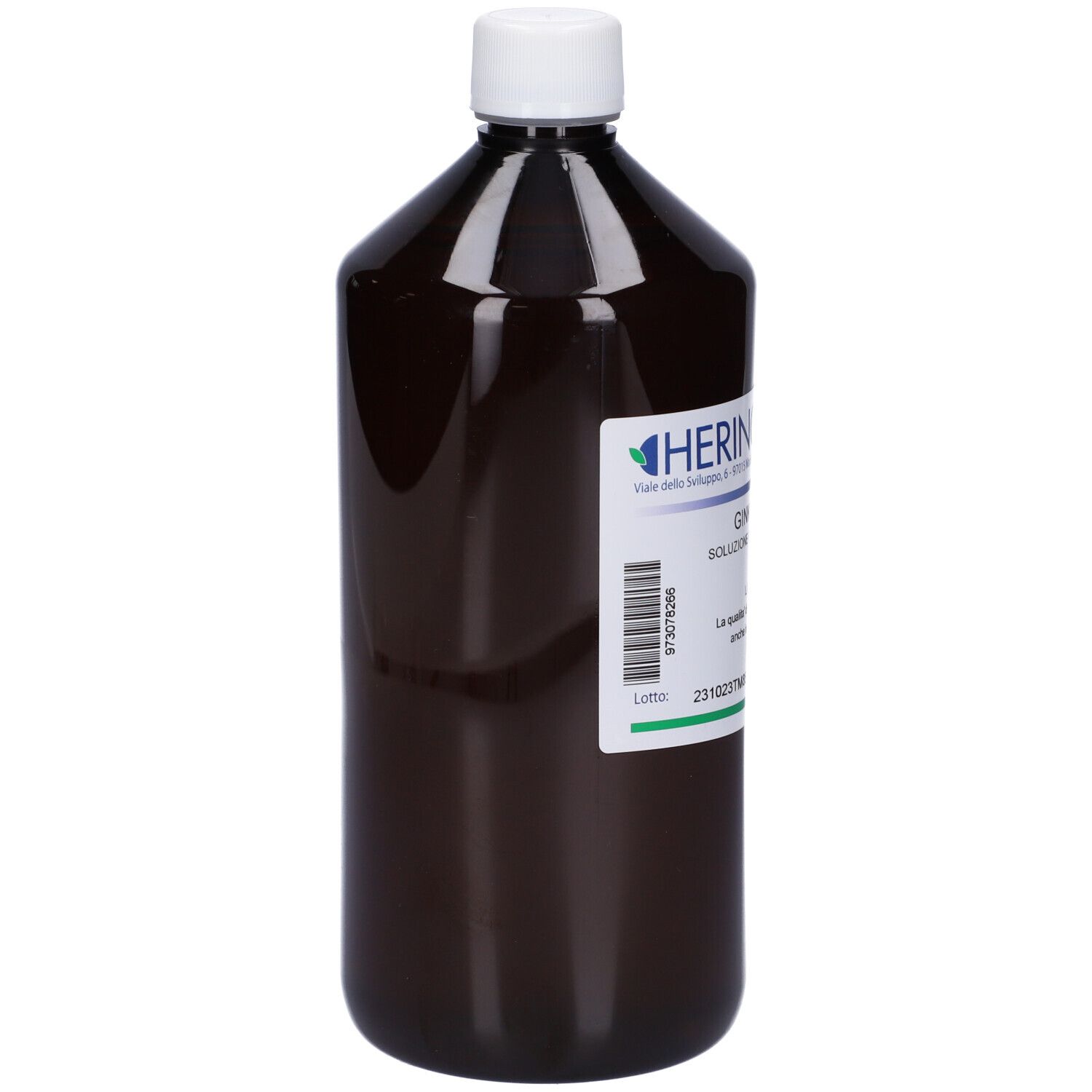 Flacone marrone con tappo bianco. Etichetta con informazioni sul prodotto e codice a barre.