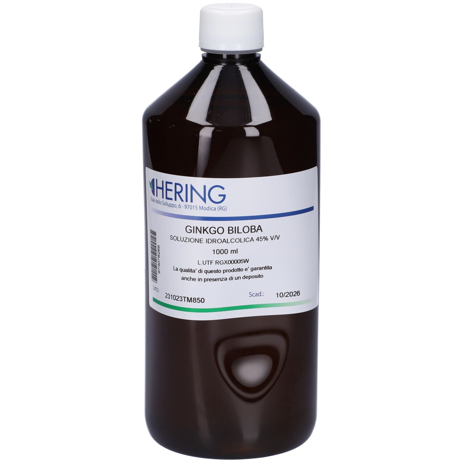 Flacone marrone con tappo bianco. Etichetta con informazioni sul prodotto: HERING Ginkgo Biloba, soluzione, 1000 ml.