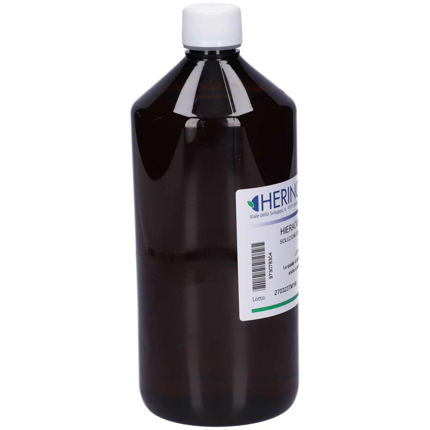 Flacone di vetro marrone con tappo bianco. Etichetta con nome del prodotto e logo del produttore. Testo: Hieracium Pilosella, 1000 ml.