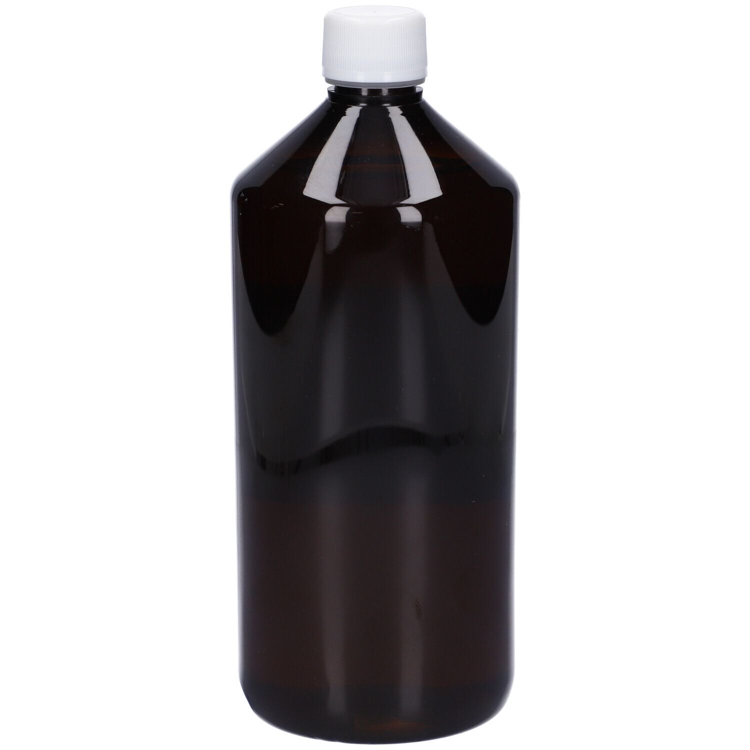 Flacone di vetro marrone con tappo bianco. Nessuna etichetta visibile.