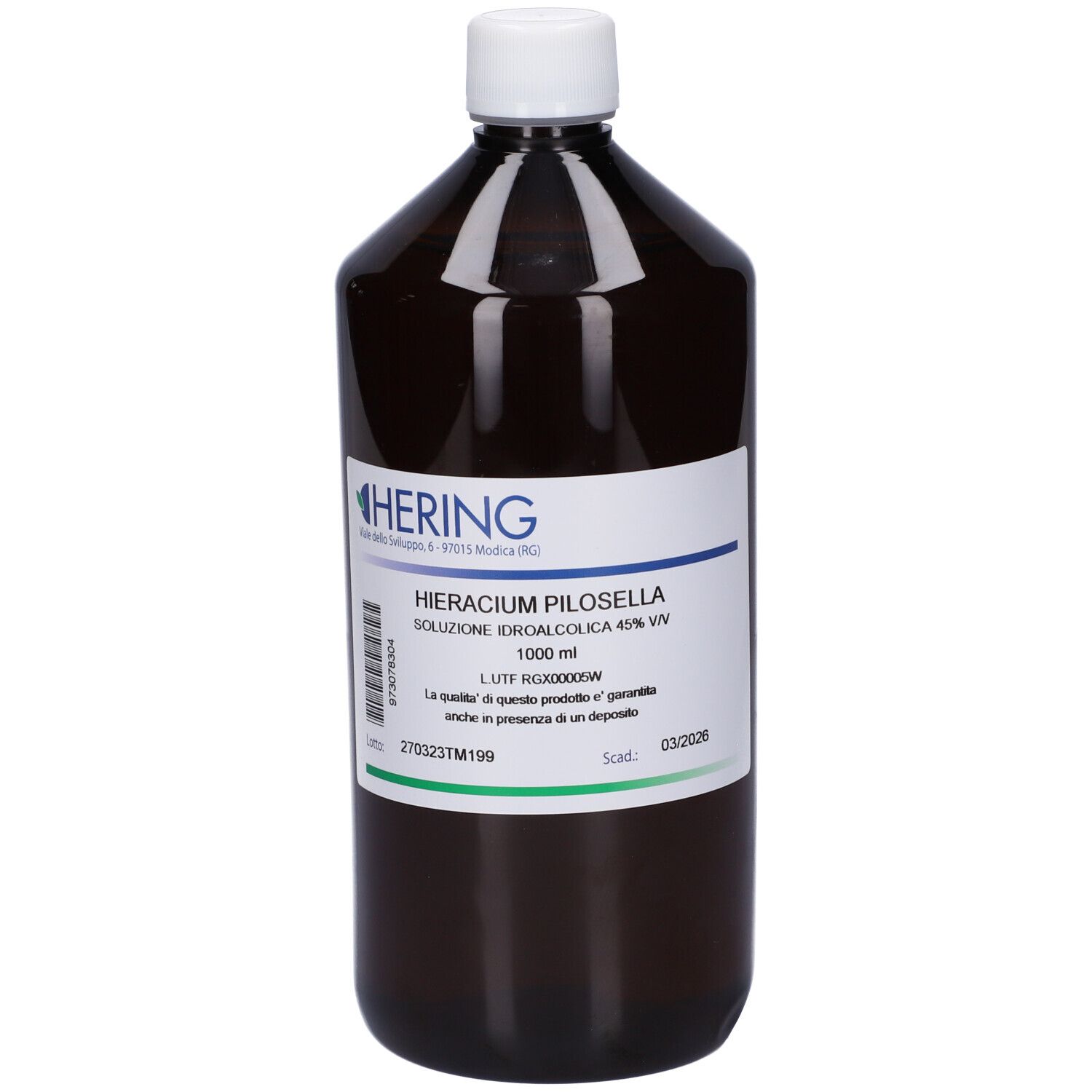 Flacone di vetro marrone con tappo bianco. Etichetta con nome del prodotto e logo del produttore. Testo: Hieracium Pilosella, 1000 ml.