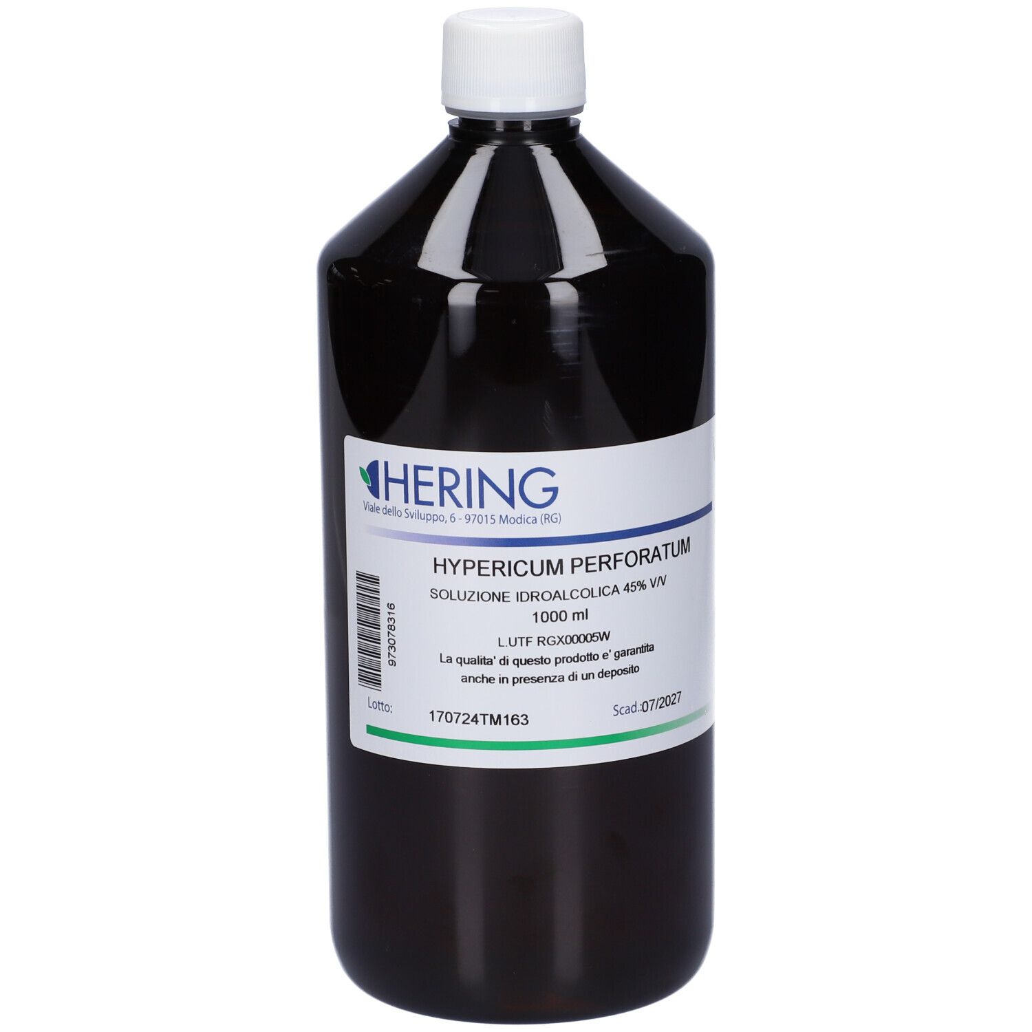 Flacone marrone con tappo bianco. Etichetta con informazioni sul prodotto: HERING Hiperycum Perforatum. 1000 ml.